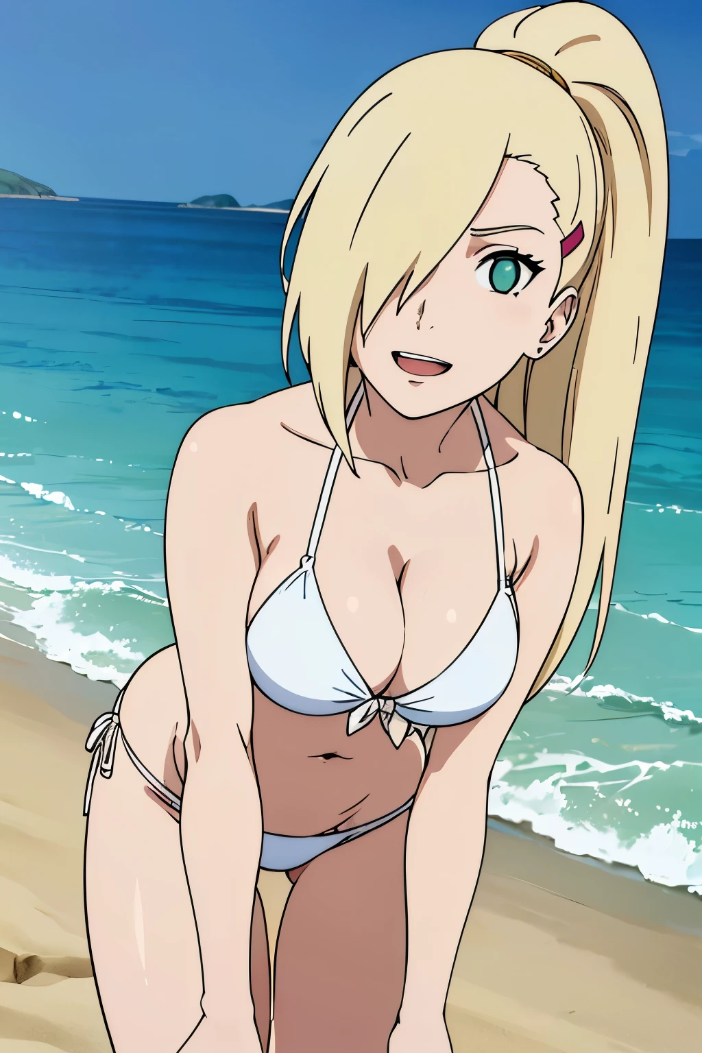 string bikini, milf, standing, (leaning forward while hand on knee), Ino yamanaka, looking at the viewer, ultra detailed face, sunny day, day time, anime style, solo, (pure white bikini), detailed beach side, cleavage, (medium breastlonde, ((one eye covered with hair, hair over eye)), looking at the viewer, thick arms, (off-shoulders, wide shoulders, very little biceps), hidden eye, smile, open mouth, very happy, tall, hair clip, sharp look, sharp face, sharp eye, long neck, groin, belly button, cold colors, double bra, thighs, (clear green eye)
