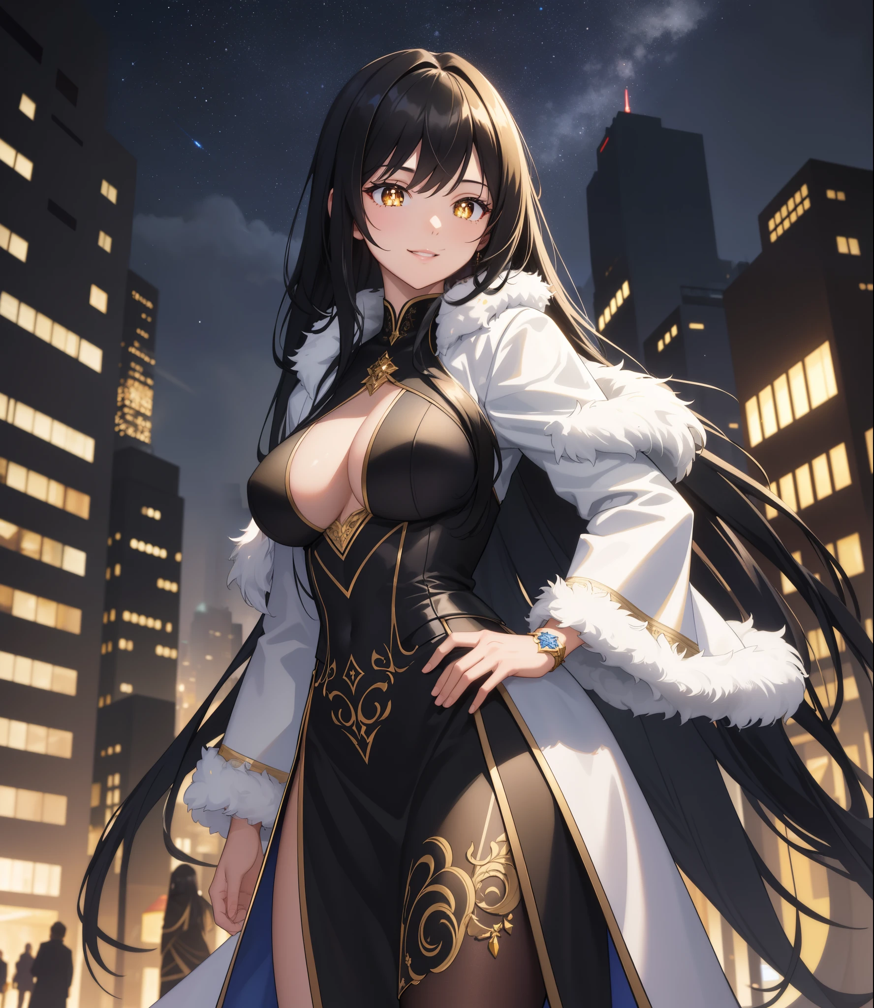 masterpiece, best quality, {{{masterpiece}}}, highres, intricate detail, fine detail, best quality, dynamic light, dynamic shadow, cinematic light, ray tracing, extremely detailed, 1girl, ((black hair)), very long hair, long straight hair, ((yellow pupils)), detailed eyes, first rate female bodies, first rate breasts, huge breasts, halterneck, fur-trimmed coat, dark aura, view of city building in behind, cinematic shot, smile, glowing eyes, starry sky, hand on hip,