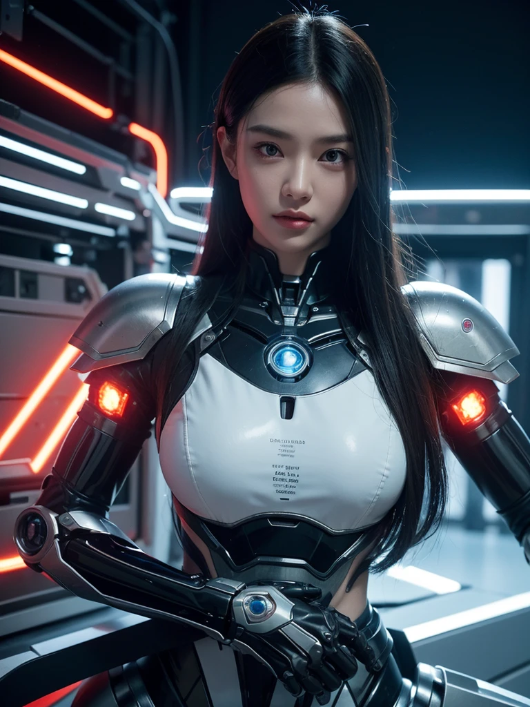 (masterpiece, sidelighting, finely detailed beautiful eyes: 1.2), (Overhead view), dynamic angle, Young Woman cyberpunk armor, backlighting, midriff,