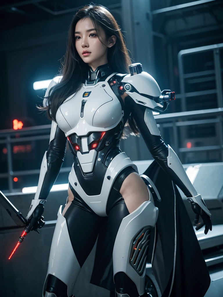 The surface is textured., Super details, Highly detailed, High quality, best quality, high resolution, 1080p, hard disk, beautiful,ผู้หญิงไซบอร์กที่beautifulงาม,Mecha Cyborg Girl,Battle Mode,A girl whose body is like a machine,She wears a battle robot outfit complete with weapons.,Cyborg Warrior 1 White Mechanical Girl, long hair, big breasts, ((Extraordinarily realistic details)), Portrait, world class illumination, shadow, Octane rendering, 8ก, Ultra Sharp, white metal,complicated, detailed jewelry, cool colors, highly complicated details, realistic light, Trending in cgsociety, shining eyes, ใบหน้าที่beautifulงาม, Clear face, Double eyelids, Sexy Pose, Stand facing the camera., neon details, mechanical limbs, blood vessels connected to tubes, Wires and cables connected to the body, Highly detailed, เทคโนโลยีจากFuture World, Future World, Alien Technology, spacecraft, Advanced alien world, State-of-the-art technology