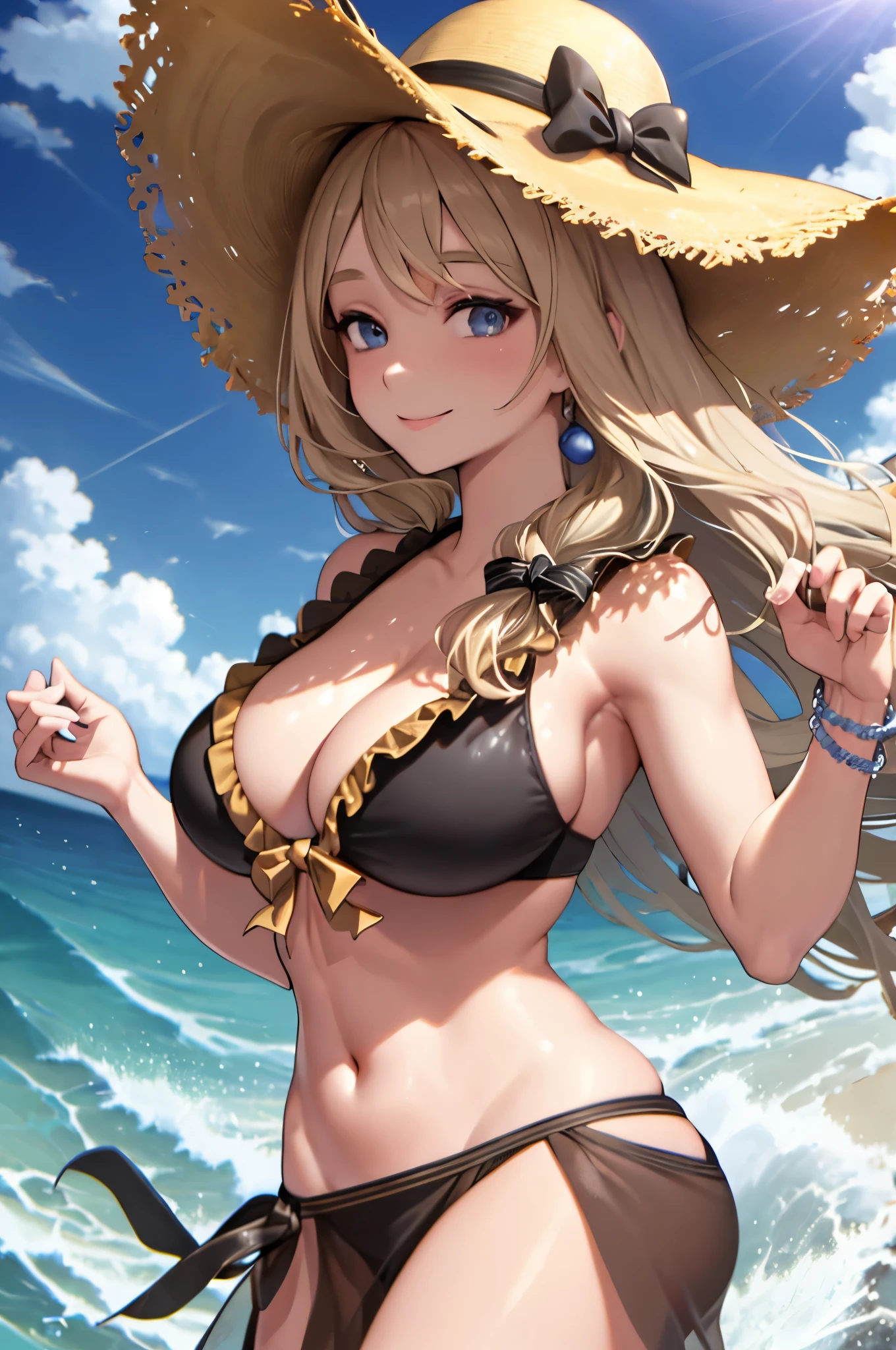 masterpiece, best quality, sumMercedes, blonde hair, sun hat, hair bow, black bikini, sarong, bracelet, large breasts, upper body, looking at viewer, beach, waves, smile, shiny skin