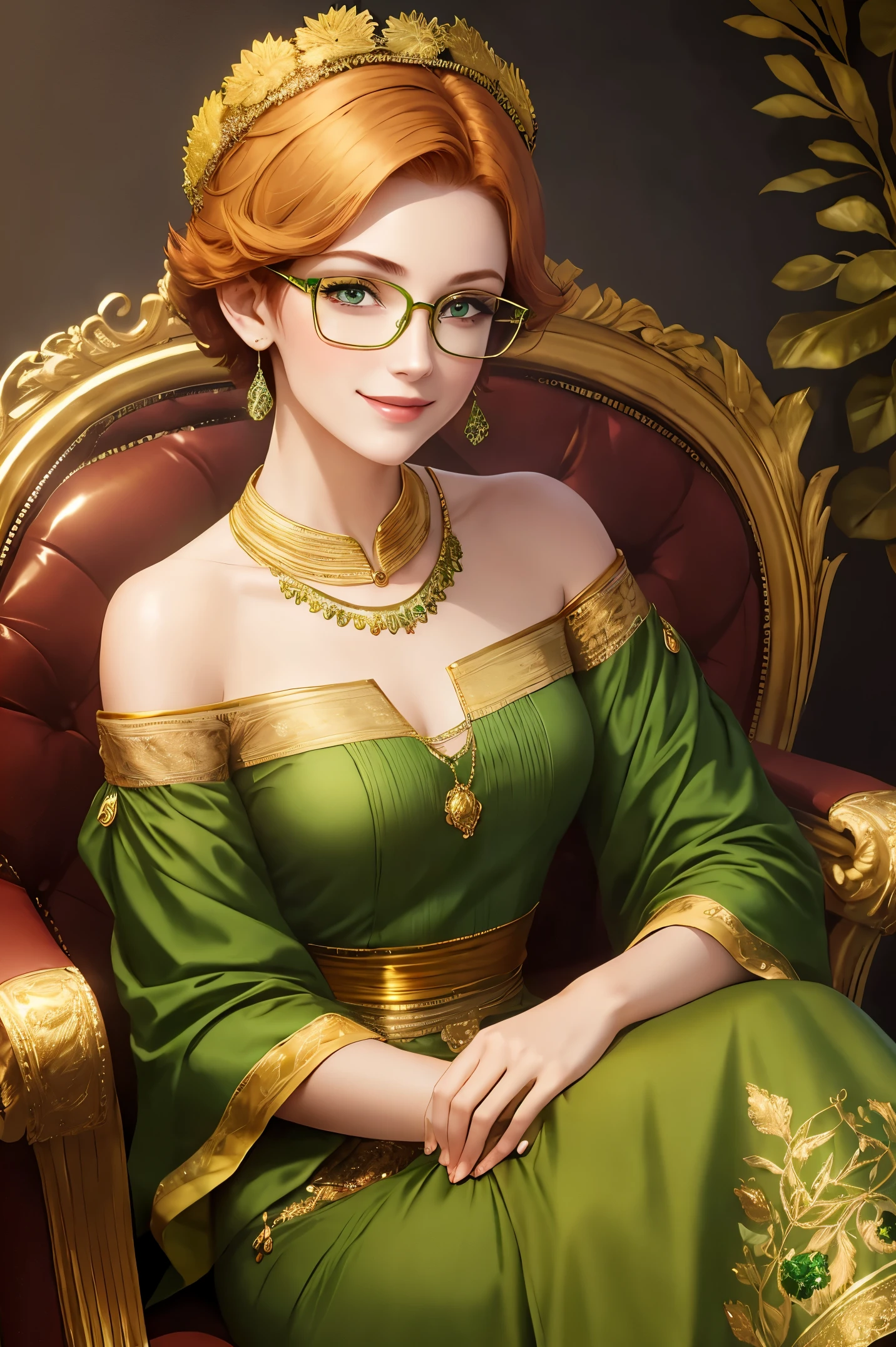 short hair, redhead, green-eyed, young, Darling, smiling lady with metal-framed glasses in green, gold embroidered dress, with a golden diadem on his head sits on a throne