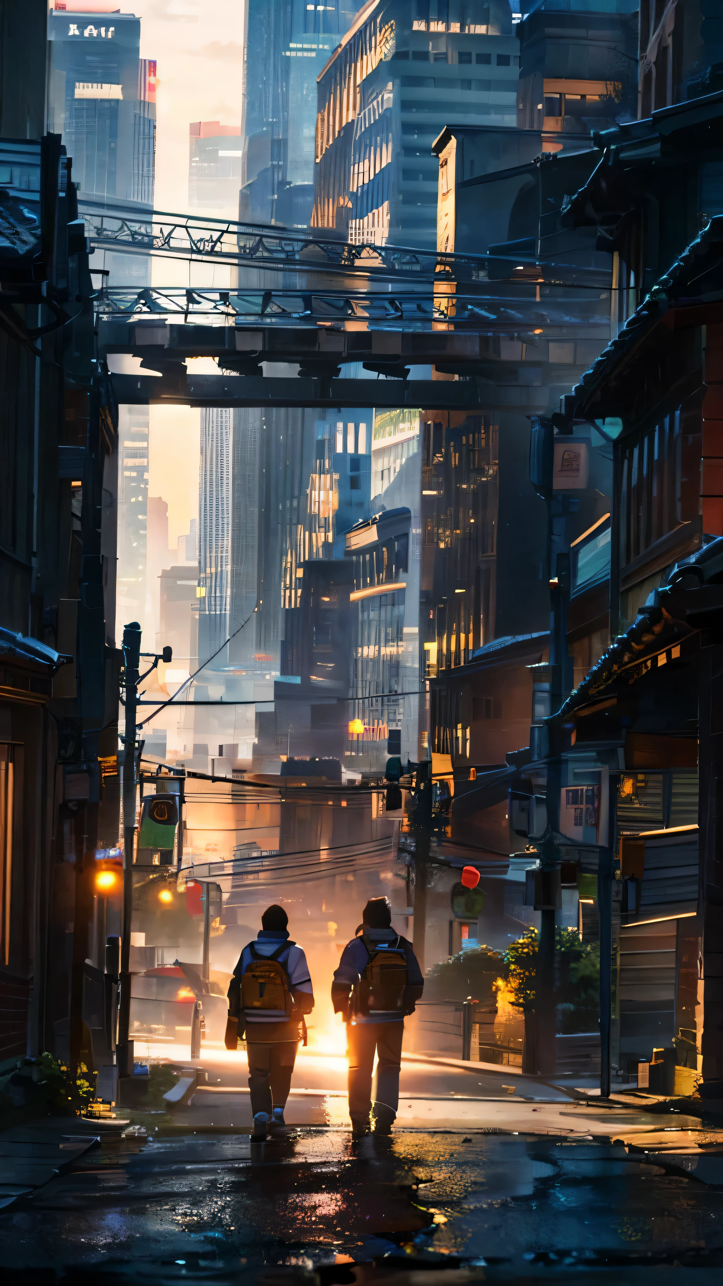 (class, ultra high definition, higher, super detailed,Two people,There are a lot of details on the face,masterpiece),((Two men wearing orange firefighter uniforms)),street training,Chatting to each other in the background in the garage,panoramic,scene completed,simple,daytime