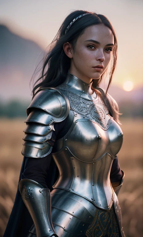 (masterpiece), (extremely intricate:1.3), (realistic), portrait of a girl, the most beautiful in the world, (medieval armor), metal reflections, upper body, outdoors, intense sunlight, far away castle, professional photograph of a stunning woman detailed, sharp focus, dramatic, award winning, cinematic lighting, octane render unreal engine, volumetrics dtx, (film grain, blurry background, blurry foreground, bokeh, depth of field, sunset, motion blur:1.3), chainmail