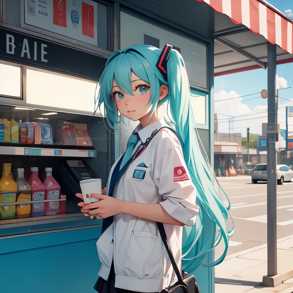 Hatsune Miku、Uniform appearance、Standing in front of a convenience store、looking at me