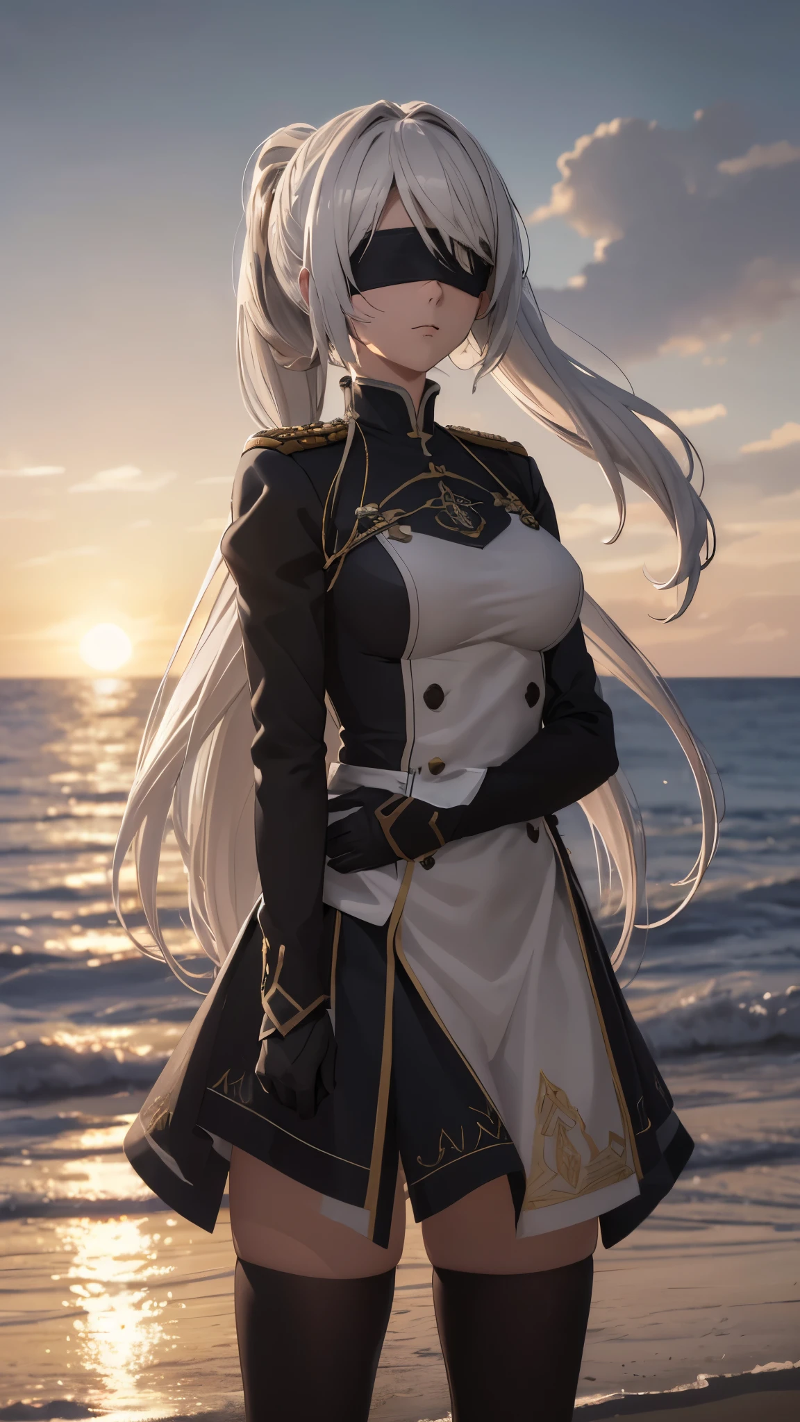 (extremely detailed CG unity 8k wallpaper), (masterpiece), (best quality), (ultra-detailed), (best illustration), (best shadow), (absurdres), 2b, 1girl, long hair, long ponytail, normal size , white hair, blindfold solo, Intimidating women, admiral uniform, night, hero pose, white clothes, General Uniform, Military Uniform, Sunlight,  to sunlight,commander, cape, fighting, ((beautiful fantasy girl)), (Master Part: 1.2), Best Quality, High Resolution, photorealestic, photogenic, Unity 8k壁纸, perfect lighting, (perfect arms, perfect ) beatiful face, intricate details, Detalhes realistas, the anime, The Perfect Girl, perfect details, Ultra HD |, 8K, Professional photo(extremely detailed CG unity 8k wallpaper), (masterpiece), (best quality), (ultra-detailed), (best illustration), (best shadow), (absurdres), 2b, 1girl, long hair, long ponytail, normal size , white hair, blindfold solo, Intimidating women, admiral uniform, night, hero pose, white clothes, General Uniform, Military Uniform, Sunlight,  to sunlight, commander, black clothes, sunkissed, sunset background
