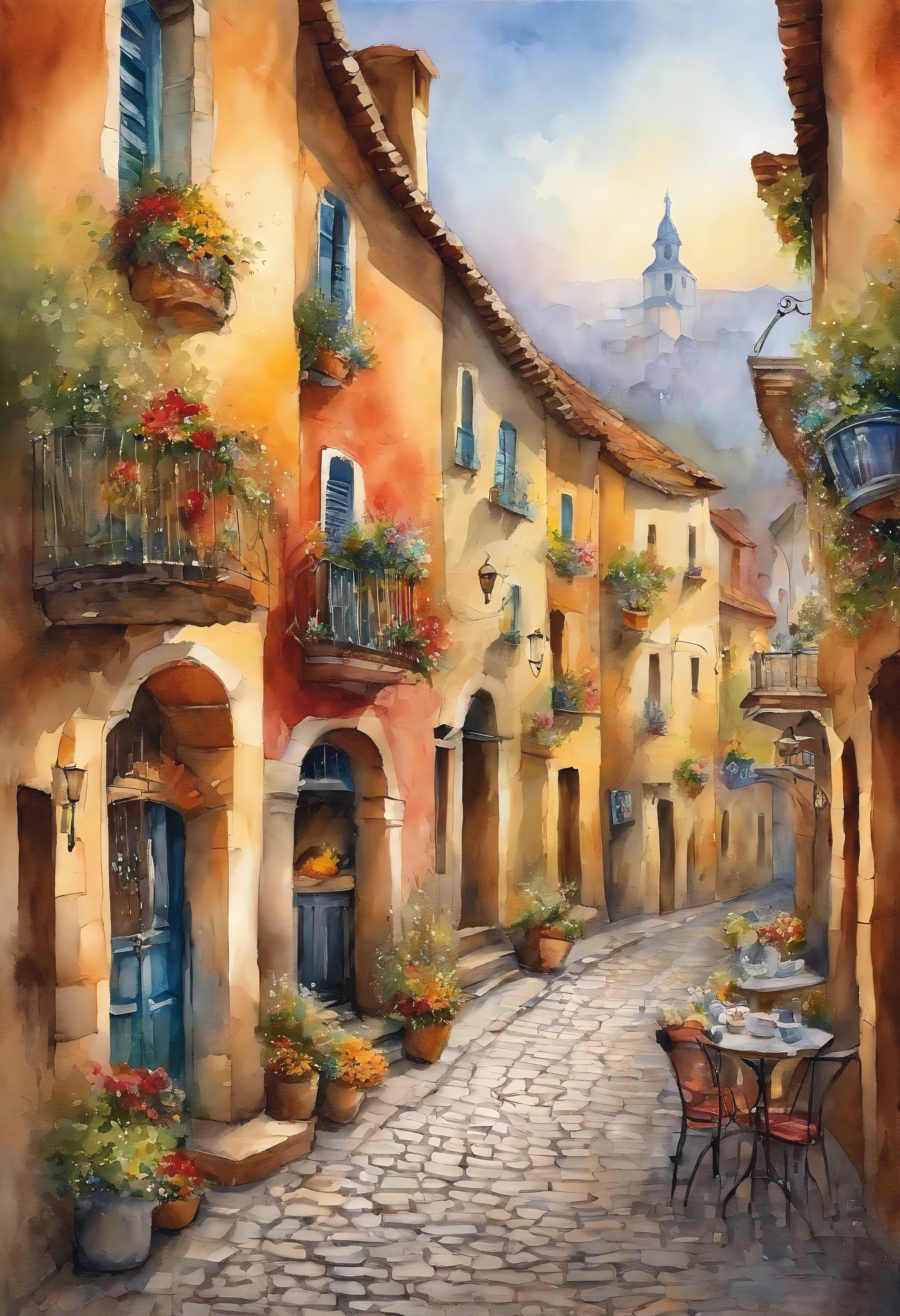 Charming cobblestone streets,Lined with quirky shops and cafes, Each building façade is painted with whimsical and vibrant murals,Scenes depicting local folklore and culture, Joy and artistic energy radiate from every corner, Mixed media collage, Photography combined with digital painting