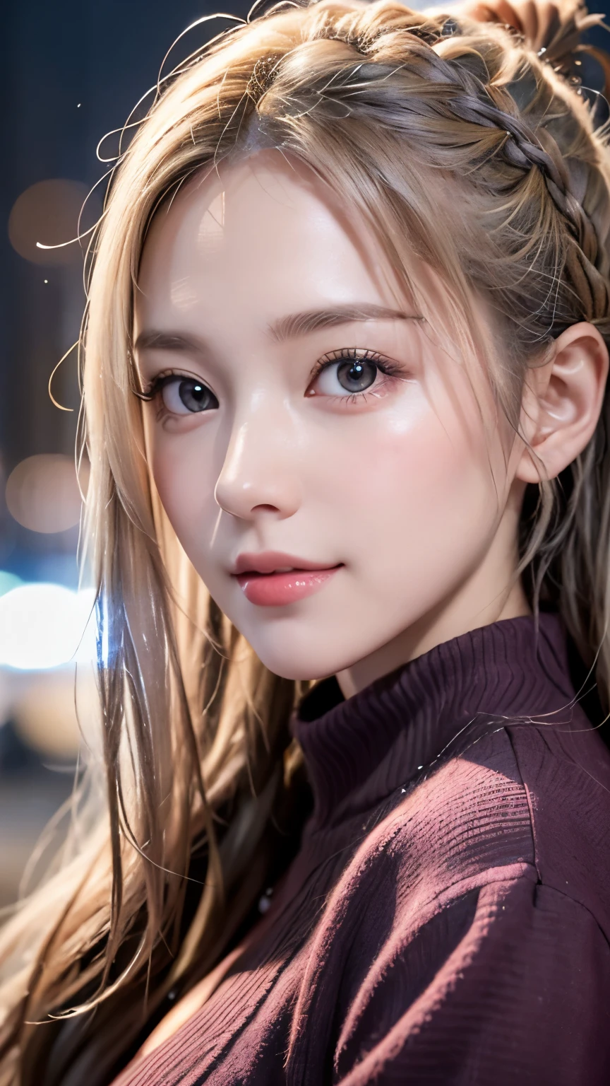 (masterpiece), (best quality), 1girl, (perfect face:1.2), (beautiful face:1.2), platinum blonde hair, (from under, upper body:1.3), happy, light smile, looking at viewer, pose, 
winter coat, outdoors, winter, snow, night time, intricate, depth of field, cinematic lighting,