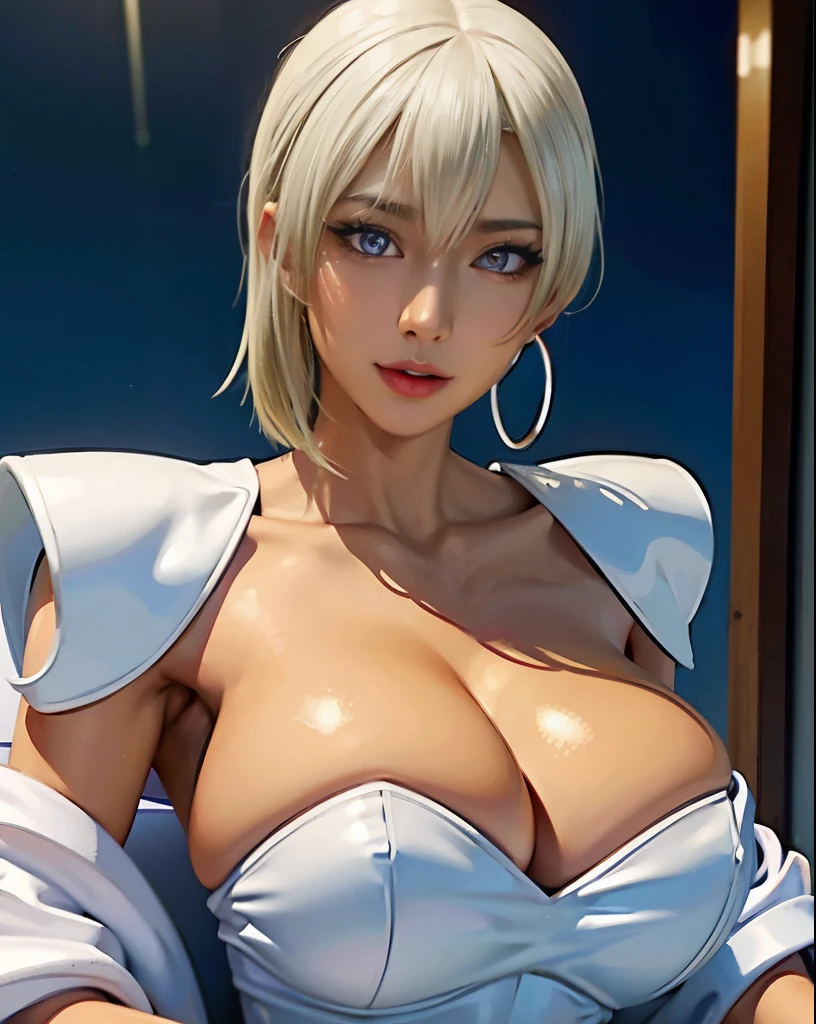 Alafi wearing a white dress and sitting on a leather sofa, seductive gal girl, japanese goddess, girl , Beautiful and seductive woman, whole body shangxia, smooth blue skin, Ayaka , Inspired by Ren Mei, boobs cyberpunk, Exquisite beauty、fascinating thighs、exquisite female body、fascinating cleavage、((medium shot、(mid distance)、head to toe diagram))