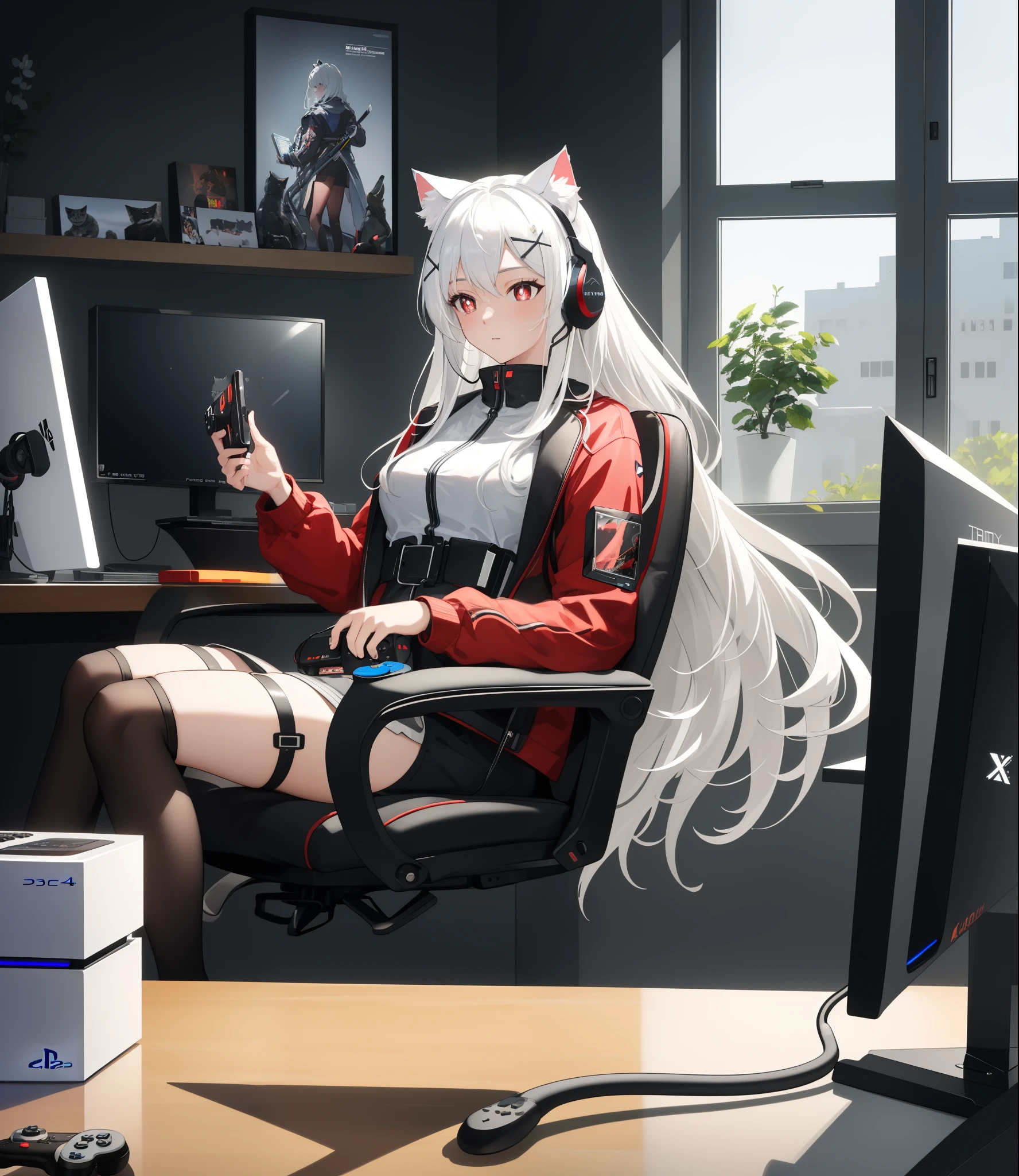 masterpiece, best quality, {{{masterpiece}}}, highres, intricate detail, fine detail, best quality, dynamic light, dynamic shadow, cinematic light, ray tracing, extremely detailed, solo, 1girl, (((white hair))), long hair, ((red pupils)), x hair ornament, ((cat ears)), firts rate breast, first rate female bodies, gaming headset, holding ps4 controller, gaming chair, in front of computer, gaming room,