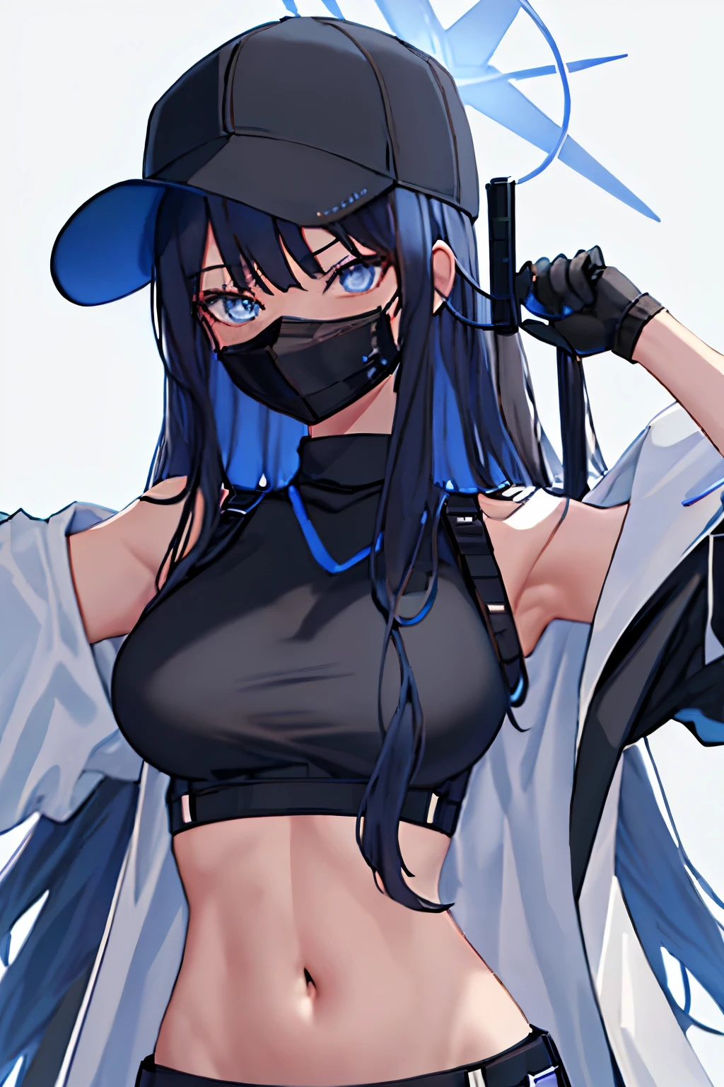 best quality, masterpiece, highres, solo, {saori_bluearchive:1.15}, long_hair, bangs, blue_eyes, black_hair, halo, hat, breasts, baseball_cap, sleeveless, blue_hair, black_headwear, navel, stomach, large_breasts, 1girl, bare_shoulders, black_shirt, crop_top, jacket, looking_at_viewer, mask, midriff, mouth_mask, off_shoulder, open_clothes, shirt, sleeveless_shirt, black_mask, black_pants, coat, simple_background, white_background, pants, upper_body, white_coat, white_jacket