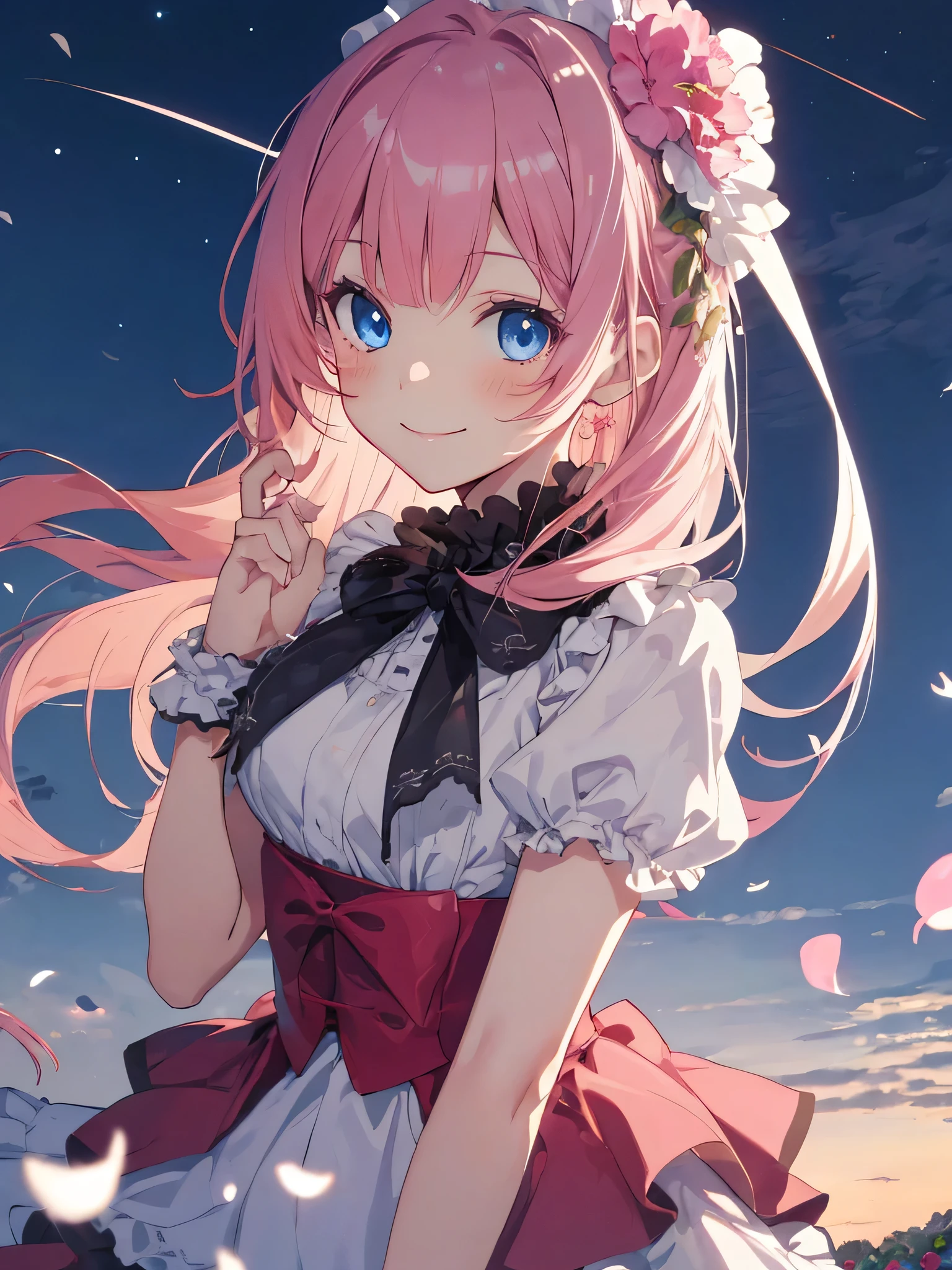 anime, 1 girl, blue eyes, , cute face, baby face, l ruffle dress, 4K, high definition ultra, pink hair, smile, Night sky with river and beautiful flowers,