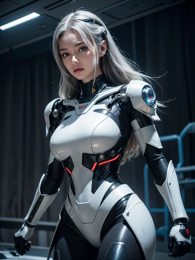 Browsing Caution,((Highest quality、In 8K、masterpiece:1.3))Wearing a silver-white mechanism,A girl with a beautiful face,Best image quality,Ultra Clear,The facial features are delicate and clear,Armageddon,Mechanical Arm,Exquisite detail,(Clatter toeachine Pattern,cyber punk、Cyber City、Digital、century、Tron、()