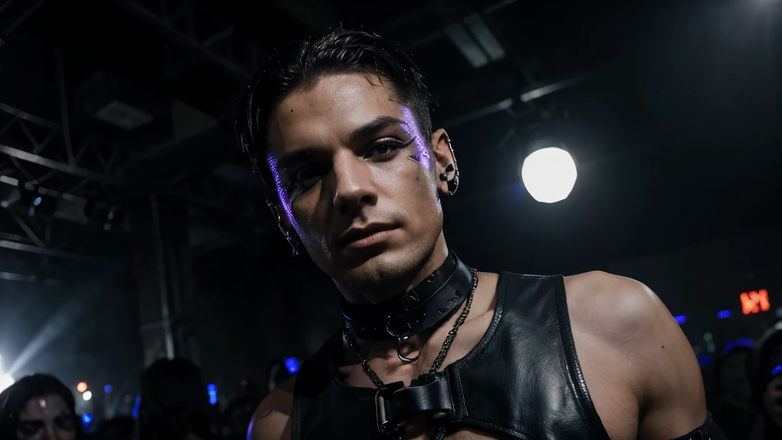 dark techno rave, leather harness, ravers, only HD, no blurry faces. dark vibes, many ravers, models, built gay male raves