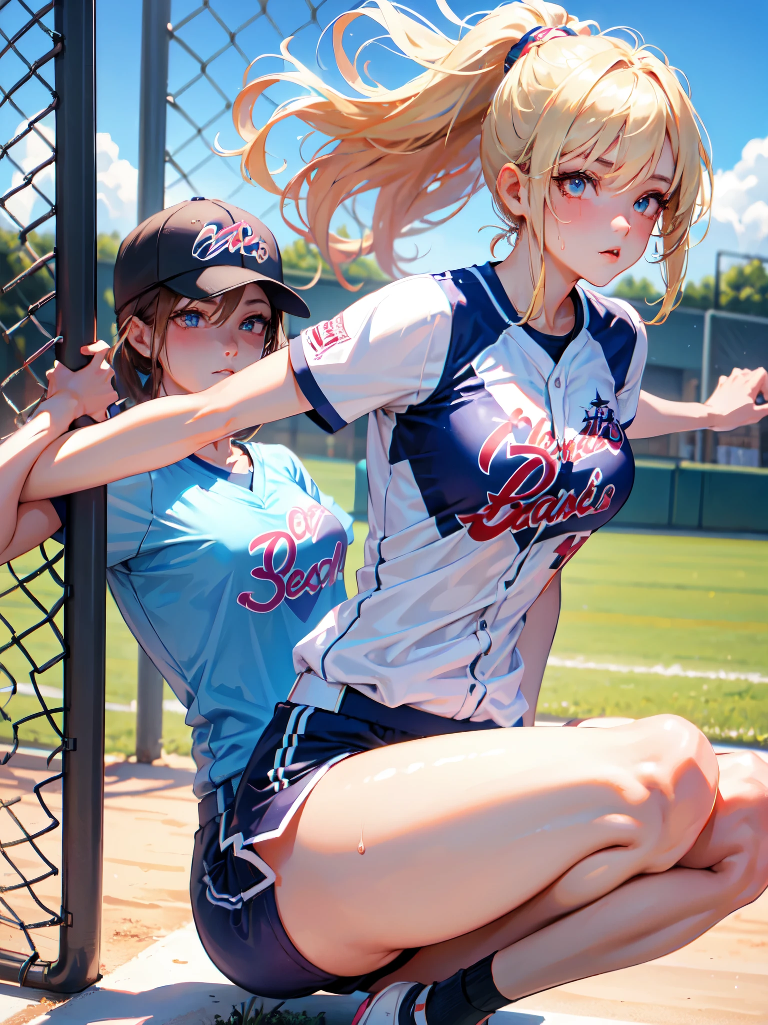 high quality,hd,16k,1girl,female softball athlete ,cute face, large breasts, slender body, delicate body,nice legs, sweat,in softball venue,focus girl,detailed beautiful face,detailed clothes,beautiful eyes,cool,dynamic angle