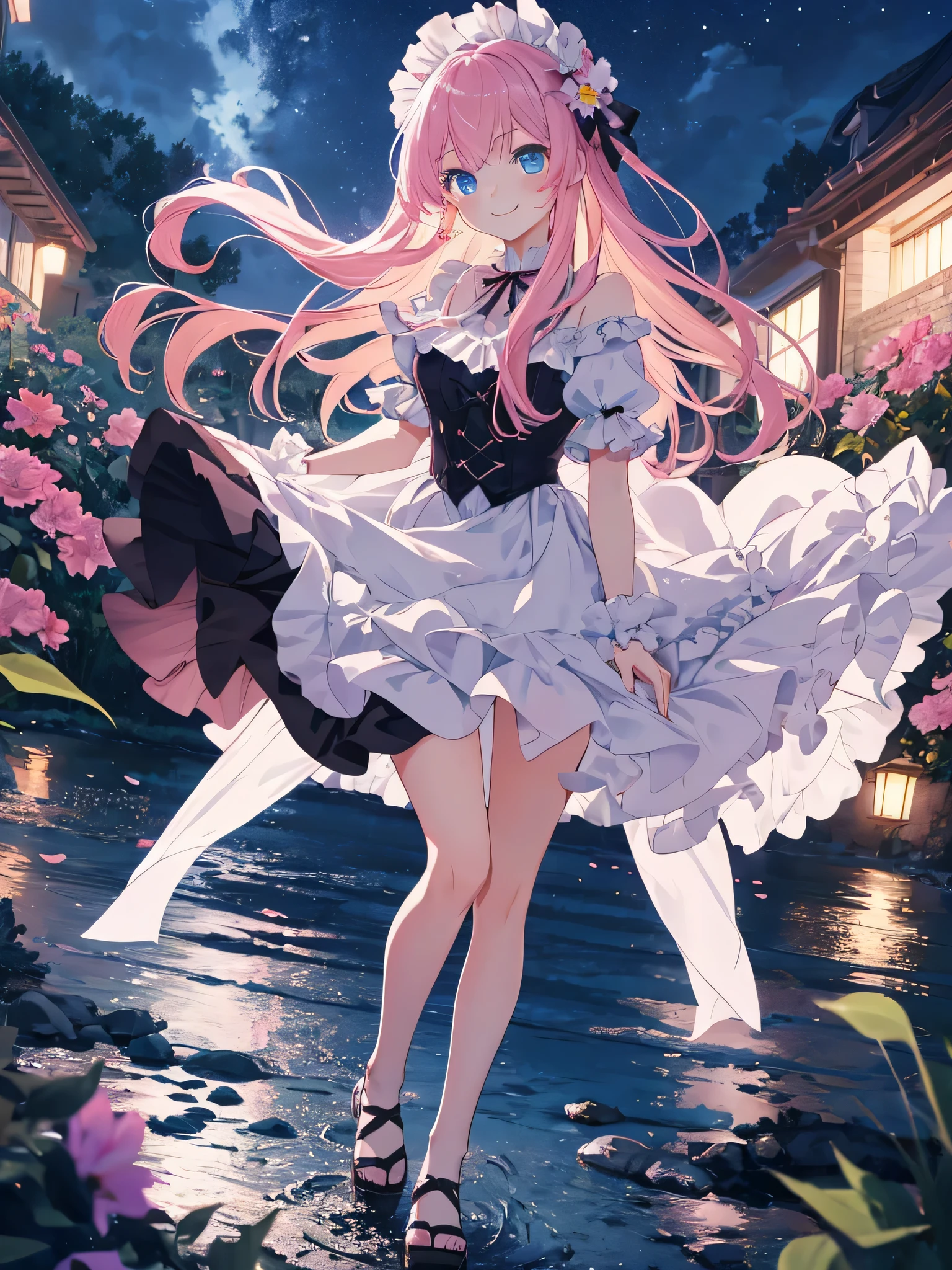 anime, 1 girl, blue eyes, , cute face, baby face, l ruffle dress, 4K, high definition ultra, pink hair, smile, Night sky with river and beautiful flowers, whole body, Active, Wind