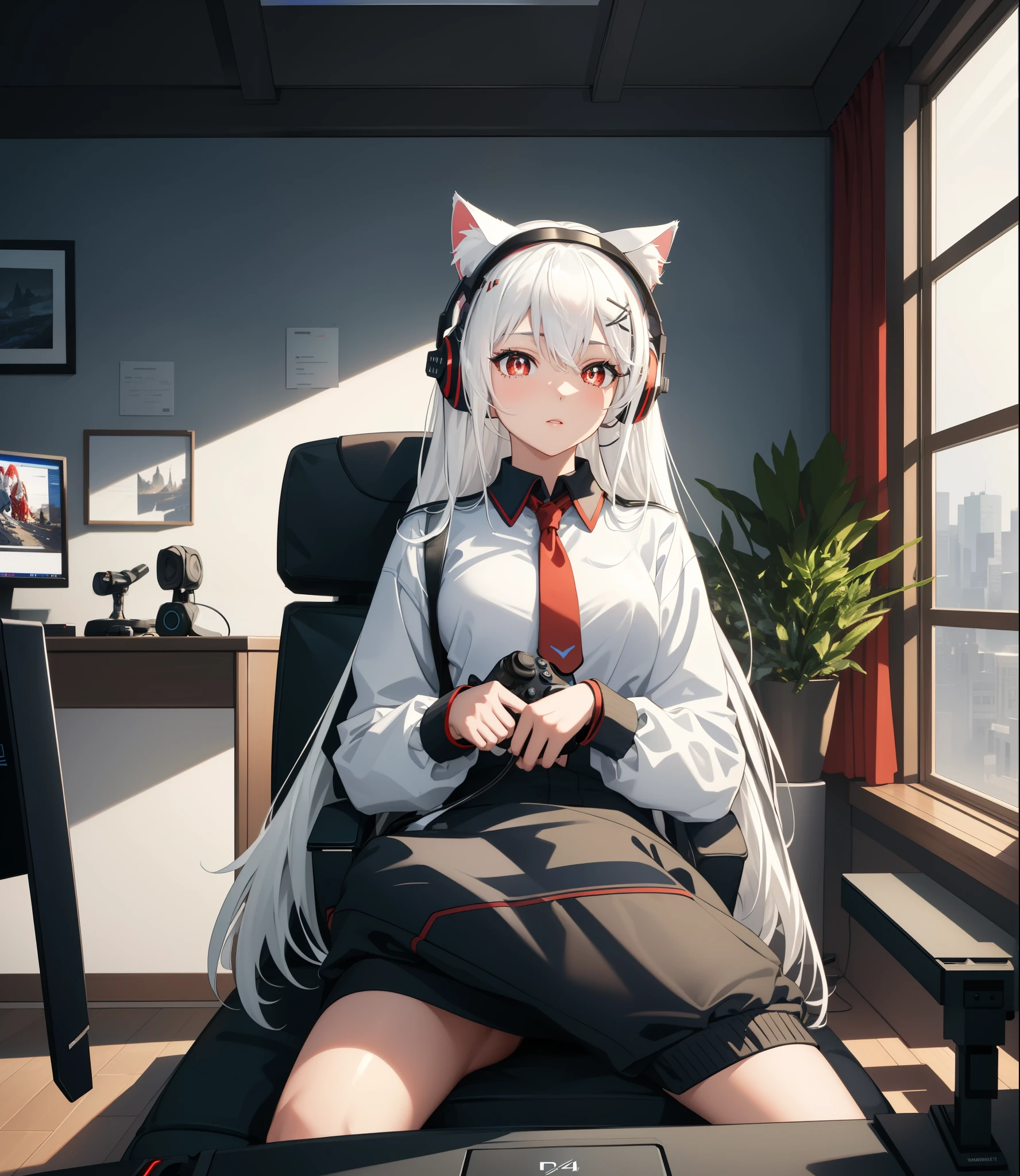 masterpiece, best quality, {{{masterpiece}}}, highres, intricate detail, fine detail, best quality, dynamic light, dynamic shadow, cinematic light, ray tracing, extremely detailed, solo, 1girl, (((white hair))), long hair, ((red pupils)), x hair ornament, ((cat ears)), firts rate breast, first rate female bodies, gaming headset, holding ps4 controller, gaming chair, in front of computer, gaming room,