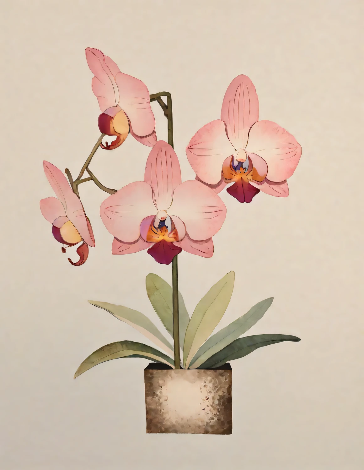 pink orchid, sharp edge, layered pink shades, Transparent watercolor painting, Fine detail strokes, Raised texture, light spring pink, inspiration colors, 