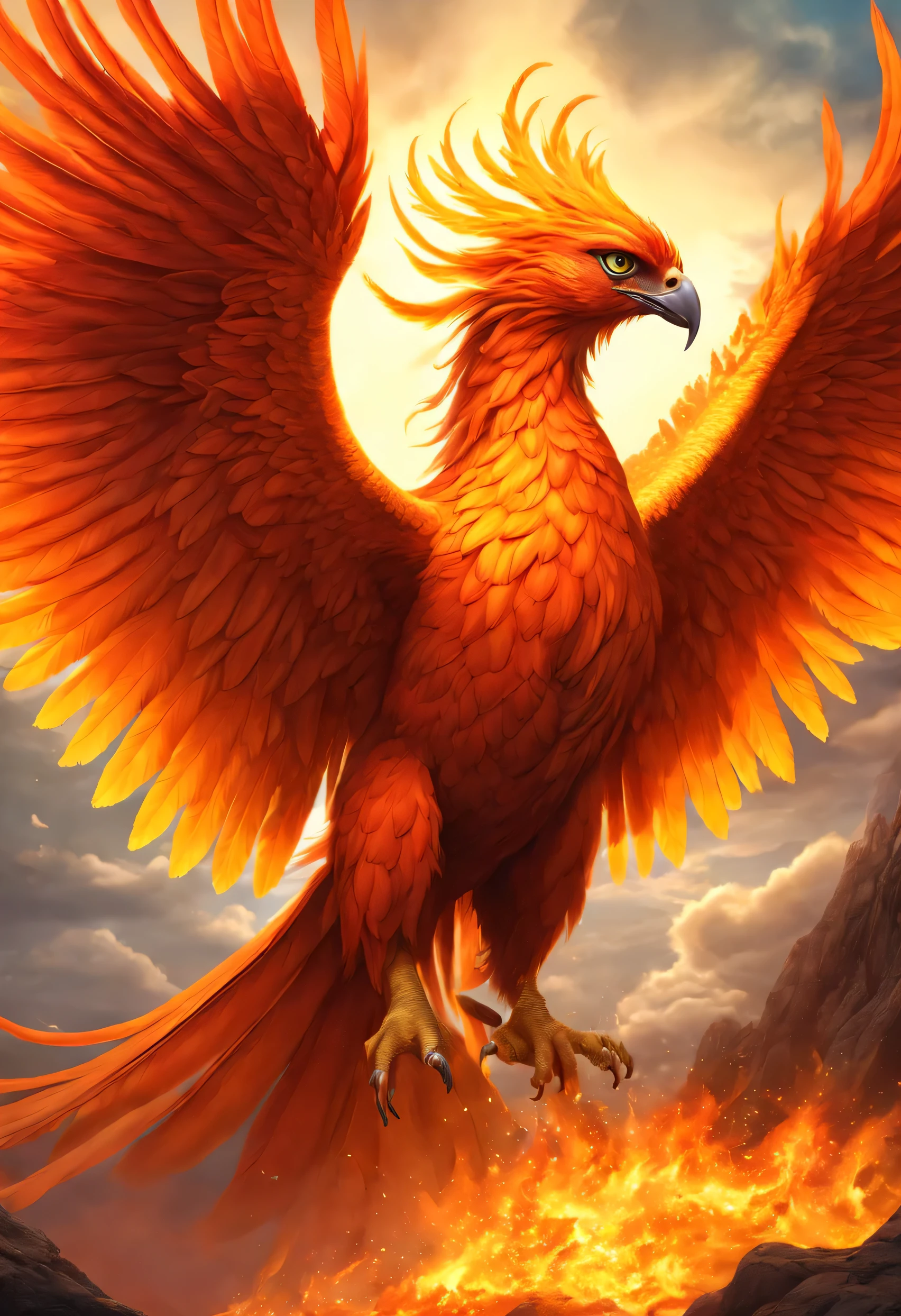 best quality,ultra-detailed,realistic,portrait, vibrant colors, warm lighting, phoenix, majestic feathers, fiery wings, striking eyes, mythical creature, powerful presence, ethereal beauty, mystical aura, fantasy realm, magical transformation, awe-inspiring, dramatic composition, intense gaze, mythical bird, mythical symbolism, mythical creatures, mythical powers, mythical legends, mythical landscape, mythical beast, mythical realms, mythical sanctuary, mythical flight, mythical elements, mythical tales, mythical symbolism, mythical attractions, mythical realms, mythical grace, mythical creature in flight, mythical fantasy, mythical guardian, mythical creature with wings, mythical creature in nature, mythical creature in the sky, mythical creature in the clouds, mythical creature in flames, mythical creature with flames, mythical creature with radiant colors