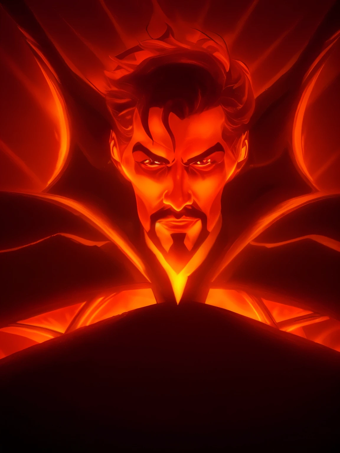 Make this photo a 3d logo,hell fire background, fire eyes