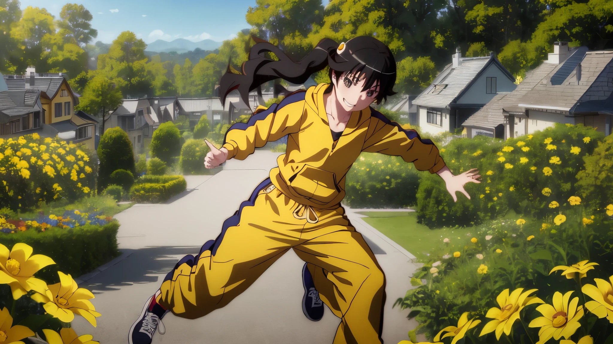 masterpiece, highest quality, ultra high resolution, highest quality, anime style, best writing, beautiful face, (1 girl:1.3), alone,  Ren Araki, long hair,  Ahoge, (yellow tracksuit:1.3), Open Front, Yellow pants,  shorts, black tank top, Egg garnish, garden, flowers, wood,  cowboy shot, smile, morning, (Jumping knee strike:1.3), (Spinning kick:1.3)