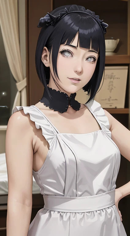 （（（完美figure，figure，purple hoodie，brown pants，black shirt, apron， （（（hyuugahin，hyuugahin，hinata\(boruto\)，hyuugahin,  "black long hair", blue eyes,blunt bangs））），S型figure:1.7））），((masterpiece)),high resolution, ((Best quality at best))，masterpiece，quality，Best quality，（（（ Exquisite facial features，looking at the audience,There is light in the eyes，blush，Happy））），（（（Interlacing of light and shadow，huge ））），（（（looking into camera，）））