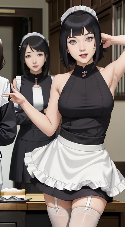 three sexy women in maid outfits posing for a picture, ecchi, anime maids riding early tanks, ecchi anime style, oppai, ecchi style, kantai collection style, anime girls, maid outfit, kancolle, small curvy loli, anime maid nazi ss military, top rated on pixiv, idolmaster, popular on pixiv, hololive