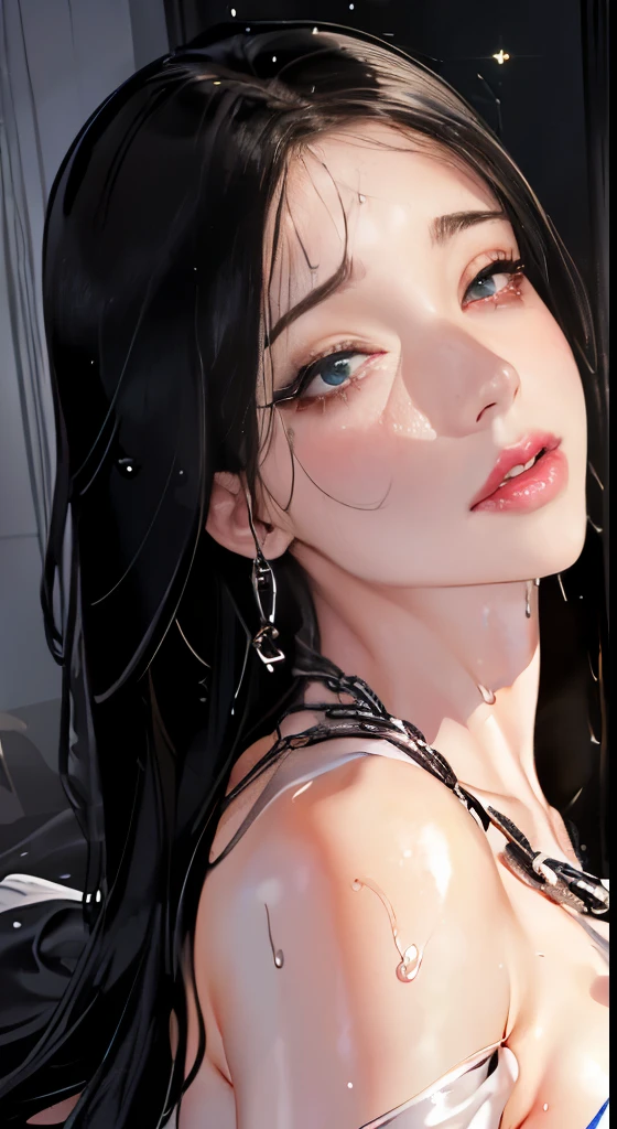 highest quality, masterpiece, ultra high resolution, (reality: 1.4), Original photo, 1 girl, beautiful eyes, off shoulder, cinematic lighting、sexy milf, bodycon、Sequin fabric、bedroom、(metal chain)、(((dripping sweat、oil skin,sparkling skin、realistic skin texture、detailed beautiful skin、shiny skin、shiny white skin)))