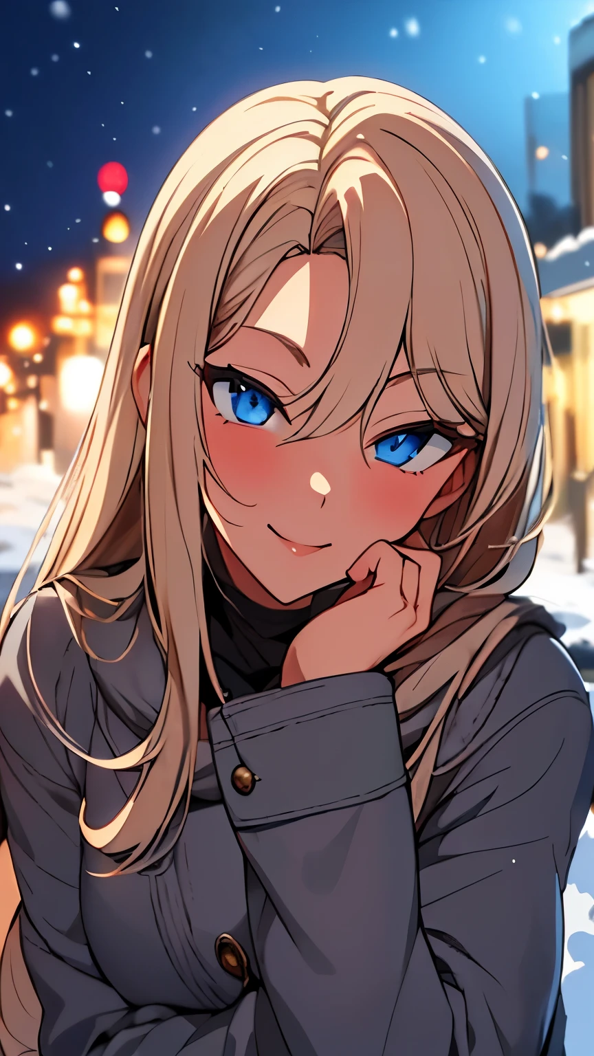 (masterpiece), (best quality), 1girl, (perfect face:1.2), (beautiful face:1.2), platinum blonde hair, (from under, upper body:1.3), happy, light smile, looking at viewer, pose,
winter coat, outdoors, winter, snow, night time, intricate, depth of field, cinematic lighting,