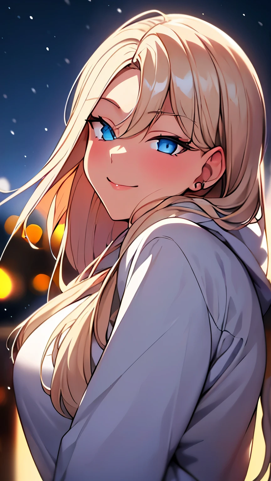 (masterpiece), (best quality), 1girl, (perfect face:1.2), (beautiful face:1.2), platinum blonde hair, (from under, upper body:1.3), happy, light smile, looking at viewer, pose,
winter coat, outdoors, winter, snow, night time, intricate, depth of field, cinematic lighting,