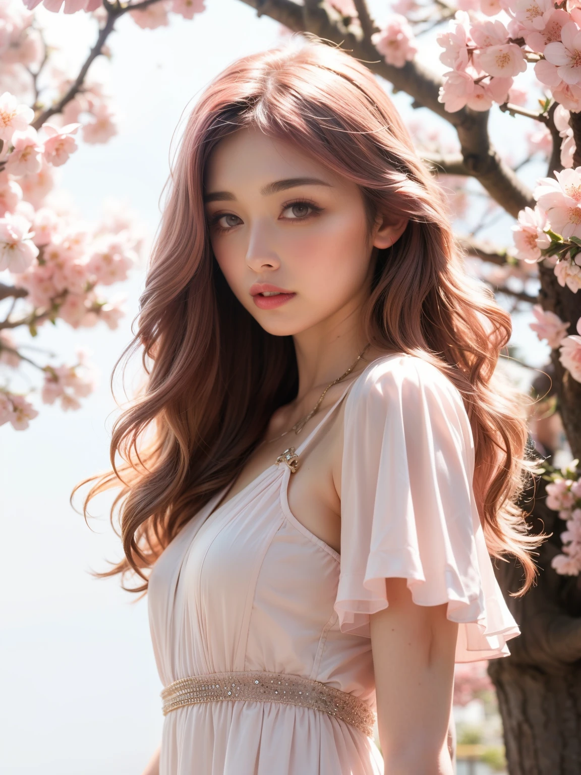 light pink hair, pink eyes, pink and white, cherry blossom leaves, Bright colors, white dress, paint splashes, simple background, ray tracing, wavy hair