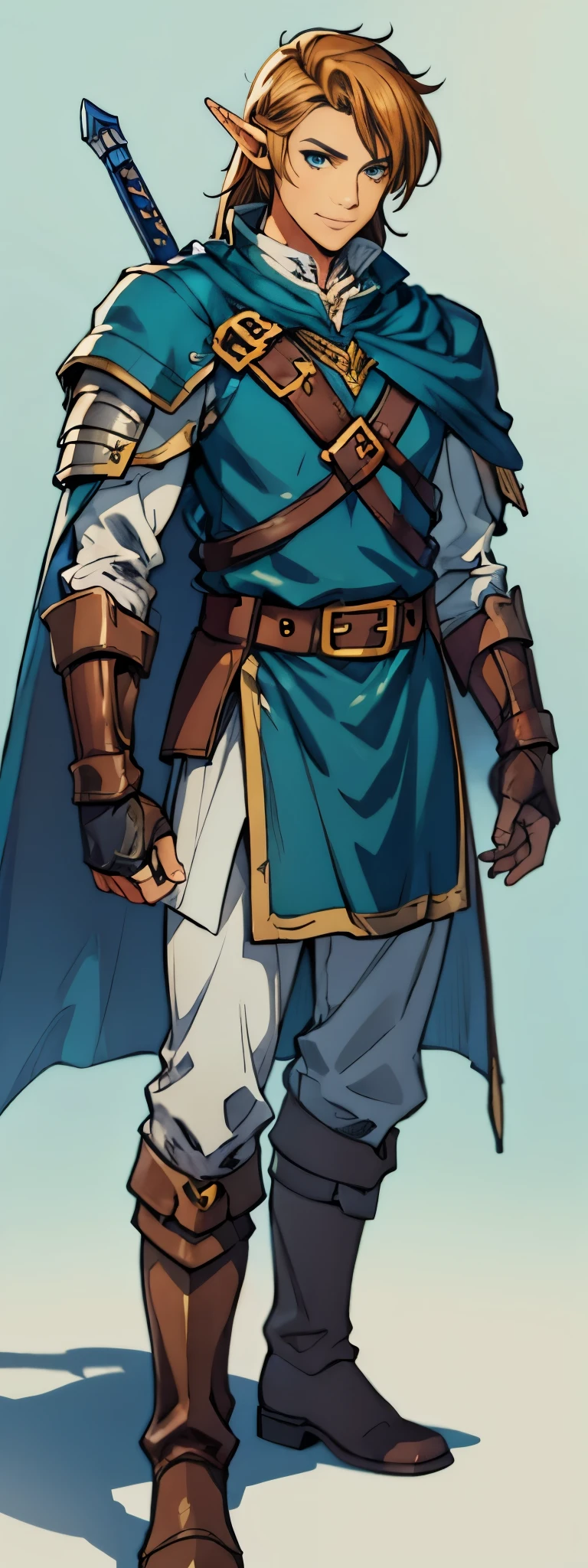 high detailed half-elf male, elf, brown_hair messy_hair smiling_face, green_eyes, scar_across_eye, pointed_ears, tan, armor breastplate blue_cape, leather_gloves, belt, belt_pounch, sheath, paladin knight, simple_background, male_focus solo, final fantasy tactics, jrpg, demacia, vox machina style,link,mature,knight,strong,warrior,royal,uniform,detailed,shaded, beautiful,king, (knee-high boots),(character design),