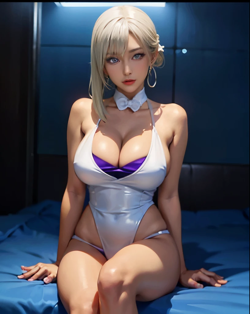 Wearing a white dress and sitting on a leather sofa, seductive gal girl, japanese goddess, girl , Beautiful and seductive woman, whole body shangxia, smooth blue skin, Ayaka , Inspired by Ren Mei, beautiful breasts, Exquisite beauty、fascinating thighs、exquisite female body、fascinating cleavage、((medium shot、（mid distance）、head to toe diagram))、薄dark room、dark room、No light、Dark Chamber、