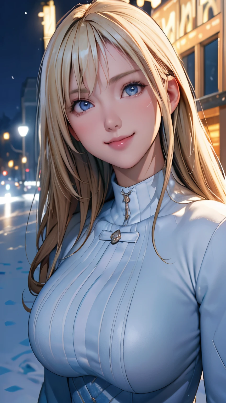 (masterpiece), (best quality), 1girl, (perfect face:1.2), (beautiful face:1.2), platinum blonde hair, (from under, upper body:1.3), happy, light smile, looking at viewer, pose,
winter coat, outdoors, winter, snow, night time, intricate, depth of field, cinematic lighting,