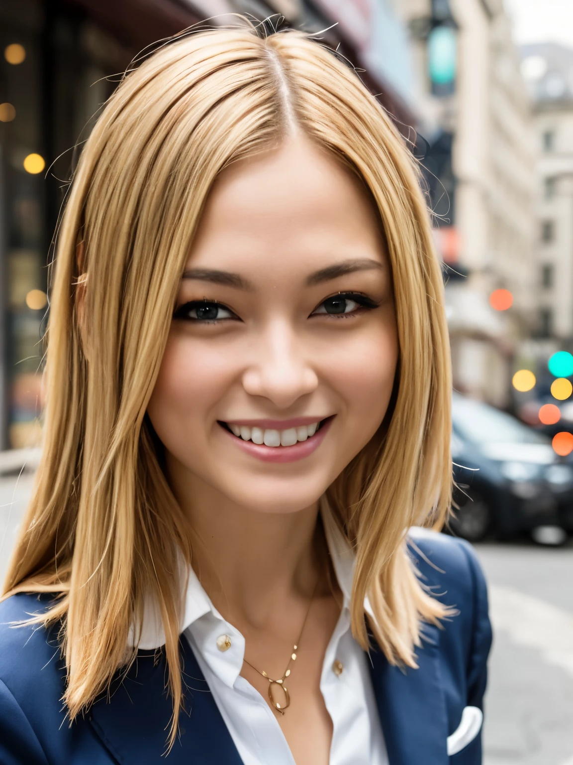 portrait of european girl,alone,20 years,beautiful face,uppser body,hair above one eye,medium side cut, blonde hair, sharp focus,black business suit、smile