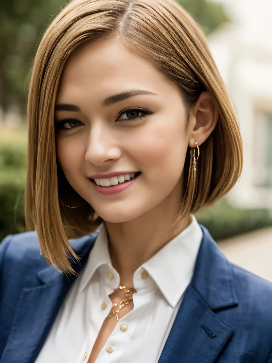 portrait of european girl,alone,20 years,beautiful face,uppser body,hair above one eye,medium side cut, blonde hair, sharp focus,black business suit、smile