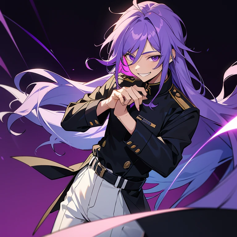 1 boy,  boy, light purple hair, dark purple hair, multicolored hair, purple eyes, black uniform, smiling, grin, long hair, long hair, thunder background 