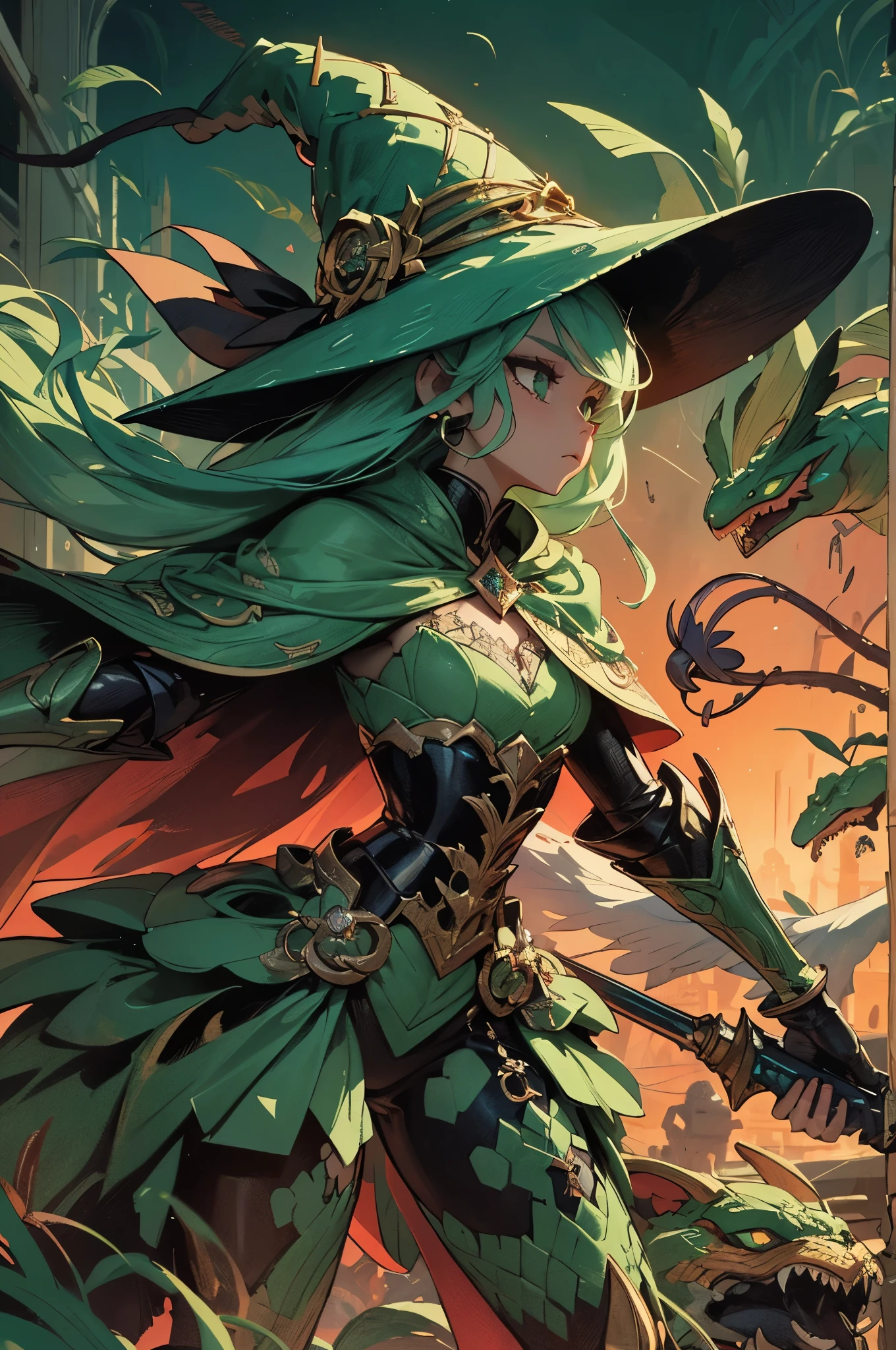 (detailed illustrations,Very detailed and precise drawing,Delicate drawn lines with tempo,Realistic texture expression),[color traced main line],(fantasy world battlefield [burning castle]),(ROBOT GIRL[snake woman[medusa]](Emerald Witch [witch hat [[Iron Mask]METALFACE[clear lenticular iris]]])[WEAPON MACHINE],(scaleで覆われたケープ [green crystal corset [snake chain [scale]]]),[Transparent material covering the body surface[clear green]],(Viper pattern),[Using a magic wand as a weapon],[[Mobile Weapon Gigant Size][science fiction mechanical]],(intricate and beautiful decoration [Dense detail]),[transparency],(Precisely drawn face)[完璧な目のdetailed(Beautifully detailed iris)[eyes like jewels]],[long and beautiful eyelashes],[precisely drawn hair [美しく艷やかな髪のdetailed]],(完璧な手のdetailed [Beautiful fingers with no damage [beautiful nails]]),(perfect anatomy(perfectly balanced proportions))[[full body portrait]],[ideal color coordination(Accurate simulation of light and material interactions)],([Precision Detail](detailed,High definition)),[Visual art that tells a story].