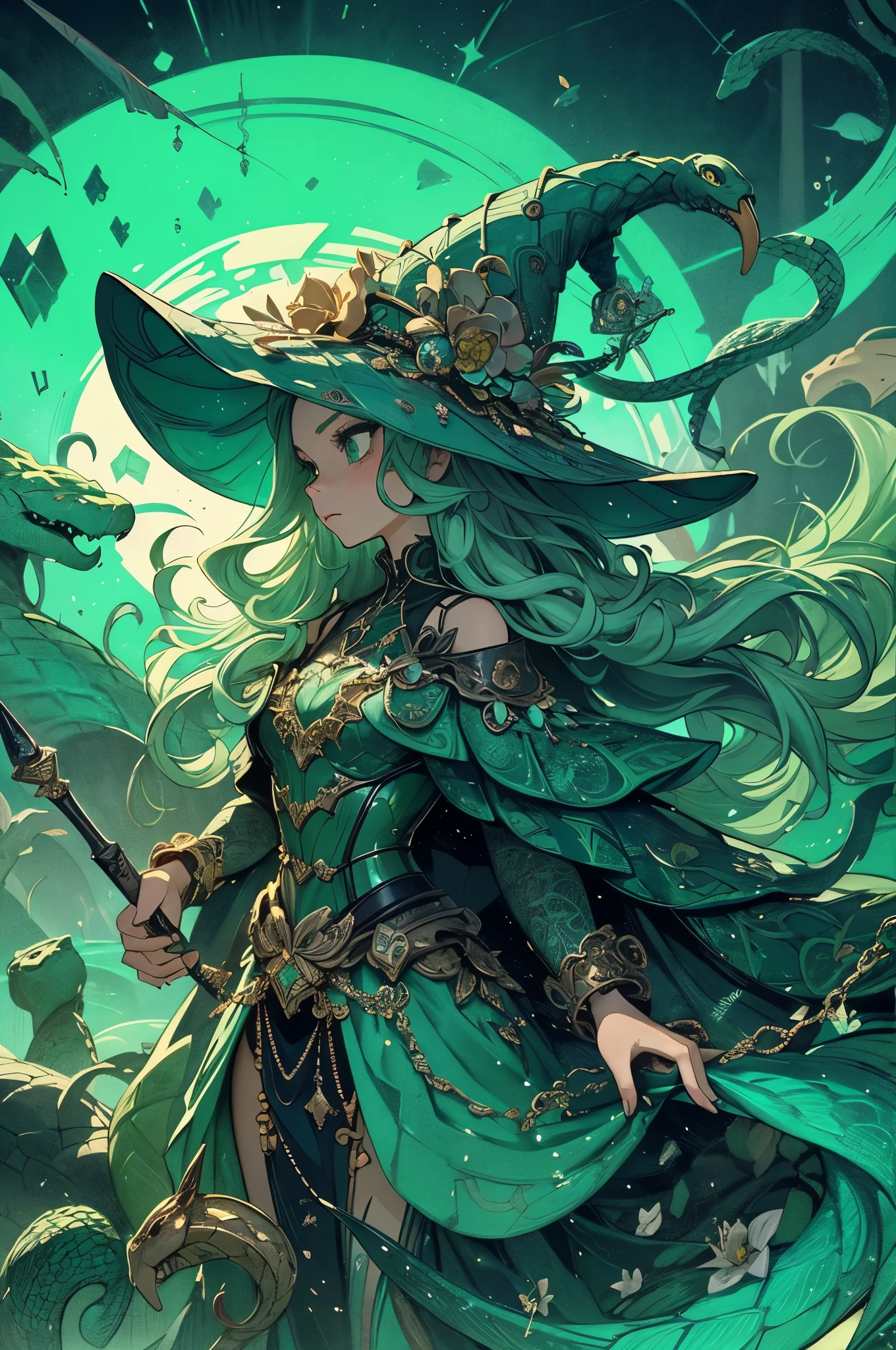 (detailed illustrations,Very detailed and precise drawing,Delicate drawn lines with tempo,Realistic texture expression),[color traced main line],(fantasy world battlefield [burning castle]),(ROBOT GIRL[snake woman[medusa]](Emerald Witch [witch hat [[Iron Mask]METALFACE[clear lenticular iris]]])[WEAPON MACHINE],(scaleで覆われたケープ [green crystal corset [snake chain [scale]]]),[Transparent material covering the body surface[clear green]],(Viper pattern),[Using a magic wand as a weapon],[[Mobile Weapon Gigant Size][science fiction mechanical]],(intricate and beautiful decoration [Dense detail]),[transparency],(Precisely drawn face)[完璧な目のdetailed(Beautifully detailed iris)[eyes like jewels]],[long and beautiful eyelashes],[precisely drawn hair [美しく艷やかな髪のdetailed]],(完璧な手のdetailed [Beautiful fingers with no damage [beautiful nails]]),(perfect anatomy(perfectly balanced proportions))[[full body portrait]],[ideal color coordination(Accurate simulation of light and material interactions)],([Precision Detail](detailed,High definition)),[Visual art that tells a story].