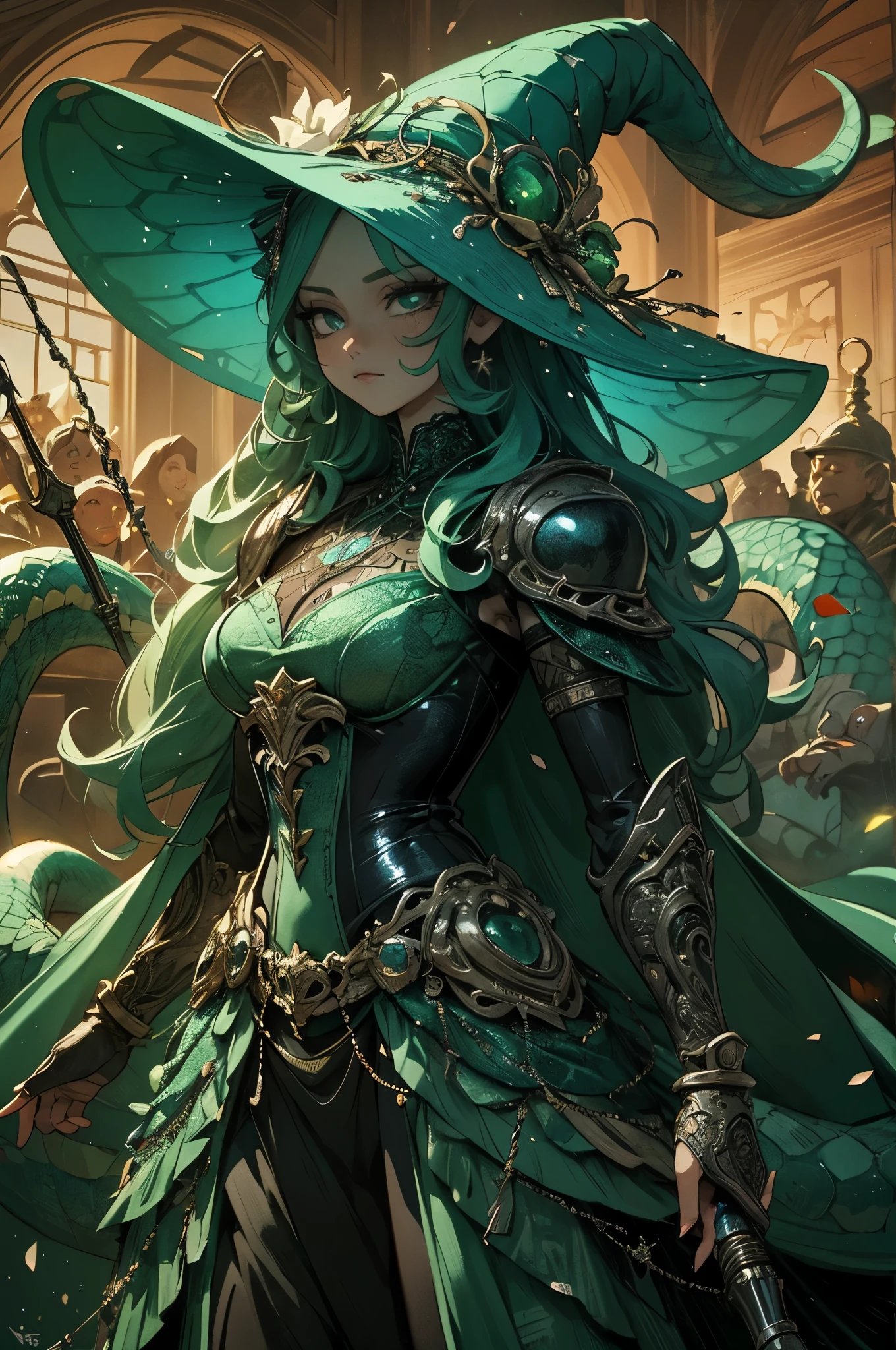 (detailed illustrations,Very detailed and precise drawing,Delicate drawn lines with tempo,Realistic texture expression),[color traced main line],(fantasy world battlefield [burning castle]),(ROBOT GIRL[snake woman[medusa]](Emerald Witch [witch hat [[Iron Mask]METALFACE[clear lenticular iris]]])[WEAPON MACHINE],(scaleで覆われたケープ [green crystal corset [snake chain [scale]]]),[Transparent material covering the body surface[clear green]],(Viper pattern),[Using a magic wand as a weapon],[[Mobile Weapon Gigant Size][science fiction mechanical]],(intricate and beautiful decoration [Dense detail]),[transparency],(Precisely drawn face)[完璧な目のdetailed(Beautifully detailed iris)[eyes like jewels]],[long and beautiful eyelashes],[precisely drawn hair [美しく艷やかな髪のdetailed]],(完璧な手のdetailed [Beautiful fingers with no damage [beautiful nails]]),(perfect anatomy(perfectly balanced proportions))[[full body portrait]],[ideal color coordination(Accurate simulation of light and material interactions)],([Precision Detail](detailed,High definition)),[Visual art that tells a story].