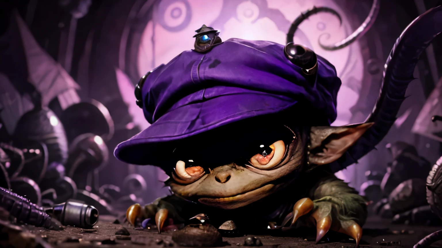 Gremlin with violet beholder cap with eyestalks on top of the cap