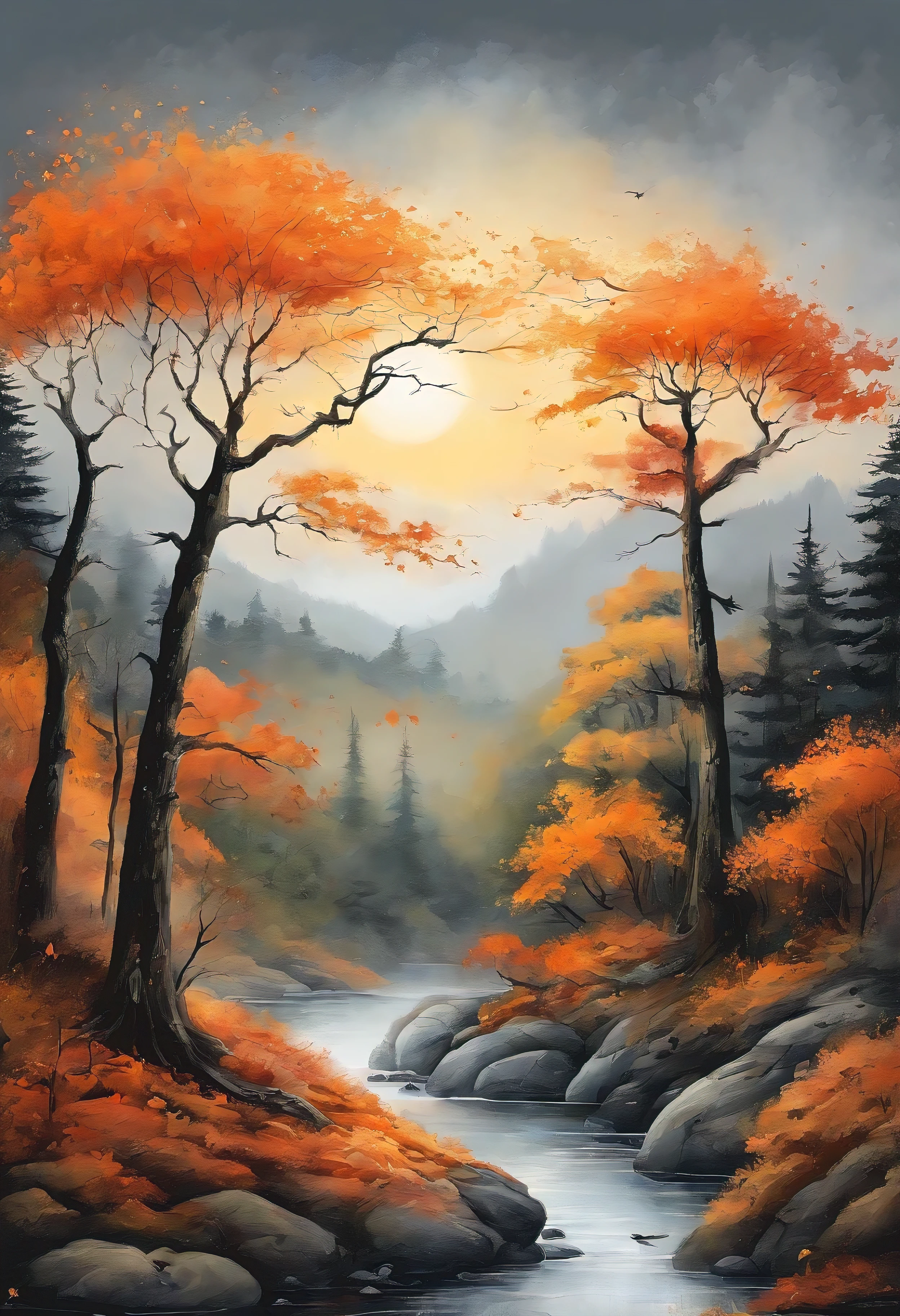 Intricate painting details of Japanese forests, by range murata, galaxy in background, Sea of Clouds, vivd colour, hight contrast, mont, vector line art, orange highlights, trending in pixiv, anime concept art, stick, matte, high high quality, Edge to edge, Sanskrit.defrent colour add