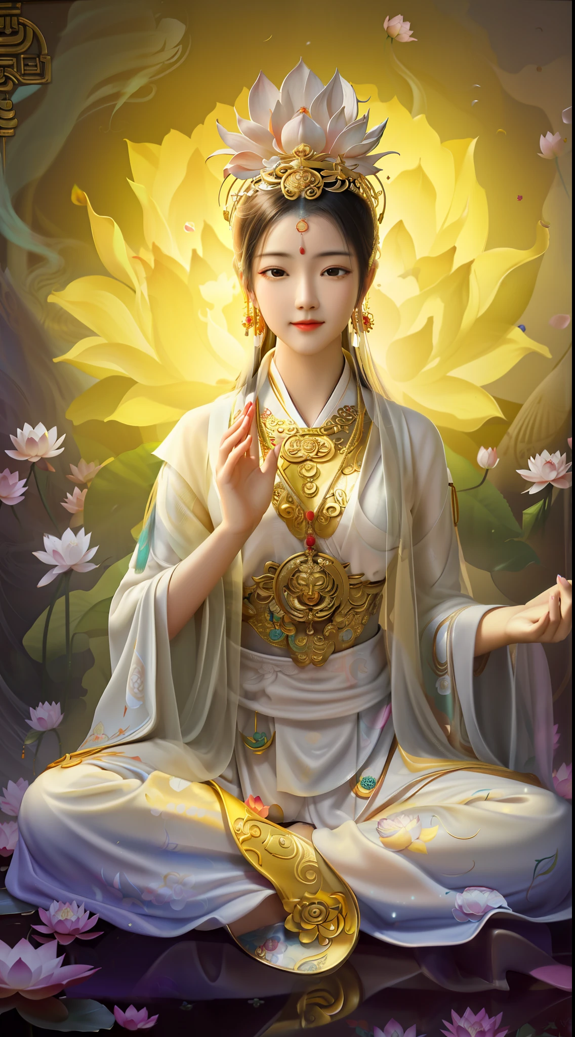 Painting of a woman sitting in lotus position with her hands in her pockets, guanyin, goddess of love and peace, guanyin of the southern seas, flower goddess, As the sun goddess, sitting on a lotus flower, ancient chinese goddess, golden lotus princess, inspired by Xie Sun, beautiful goddess, Goddess of Wisdom