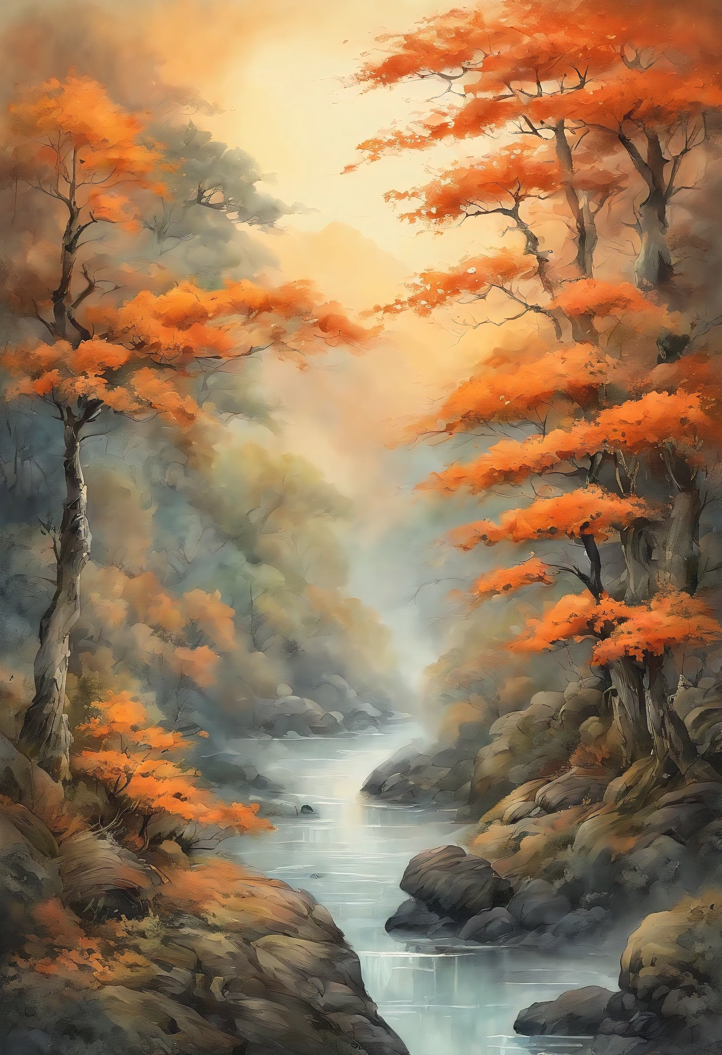 Intricate painting details of Japanese forests, by range murata, galaxy in background, Sea of Clouds, vivd colour, hight contrast, mont, vector line art, orange highlights, trending in pixiv, anime concept art, stick, matte, high high quality, Edge to edge, Sanskrit.defrent colour add