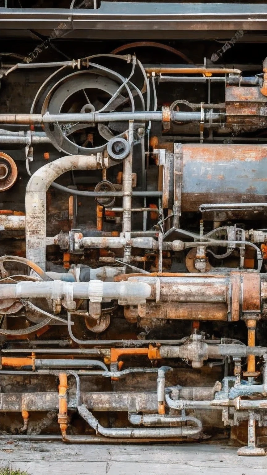 ration,Old machines of different shapes are connected by rusty pipes,the background is white