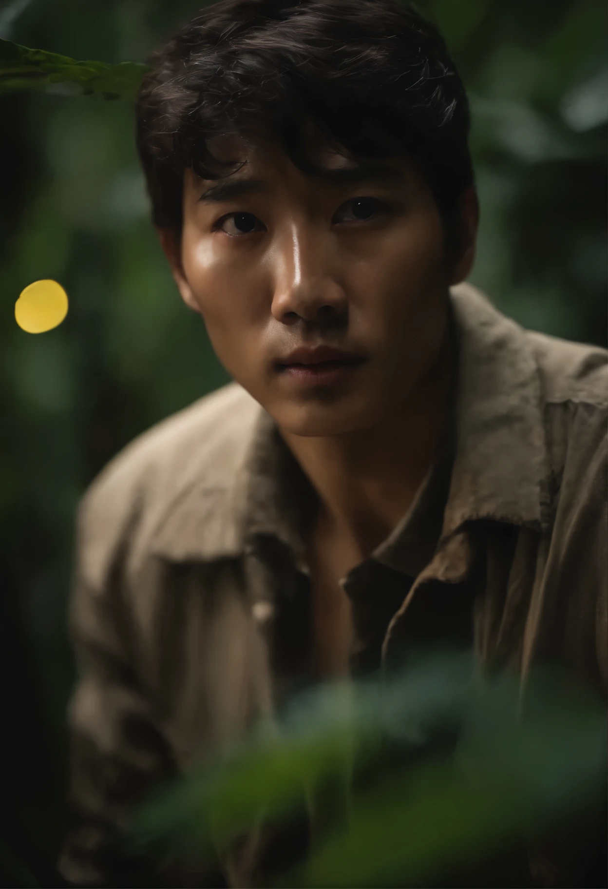 真实感, Realism, tmasterpiece, Brad Jongsan walks in the jungle (Night of the Fireflies), (higly detailed: 1 1), rough face, natural skin, hiquality, NSFW, pretty eyes, (Detailed face and eyes), (s face: 1 2), tumult, Complementary, real-photo, .PSD, Lightweight Film Photography, sharp-focus, contrast lighting, Detail Skin, high resolution 8k, Crazy detailing, Realistic, professional photo of a, 8K UHD, dslr, soft light, hiquality, film grains, Fujifilm XT3