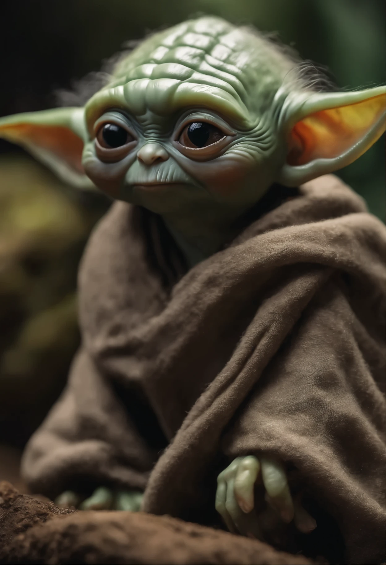 Close-up of Baby Yoda wearing a scarf., greta thunberg as Gollum, Pouting gaze :: octane number, portrait of an elf, photo of demon Gollum, Gollum, donald trump as Gollum, Portrait of a Goblin, Yoda Fantasy Art Portrait, charming digital painting, portrait of a gnome called eldon, Cheburashka