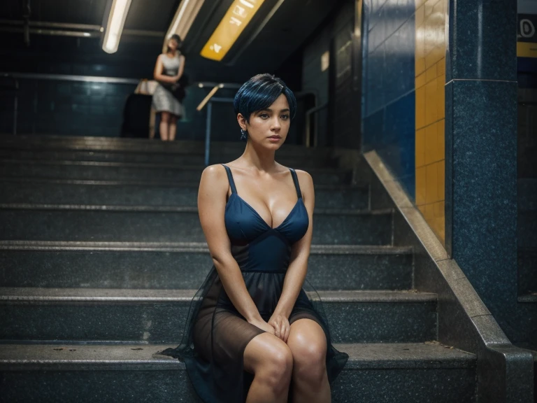 A movie scene of a woman sitting on stairs of a subway station, wearing black transparent dress, legs visible, cleavage visible, blue short hairs, sad expression, portrait, depth of field, bokeh, dark lighting, dark environment, hdr, 4k, 8k, ultra-realistic, professional photography, cinematic color grading, blue and yellow color palette