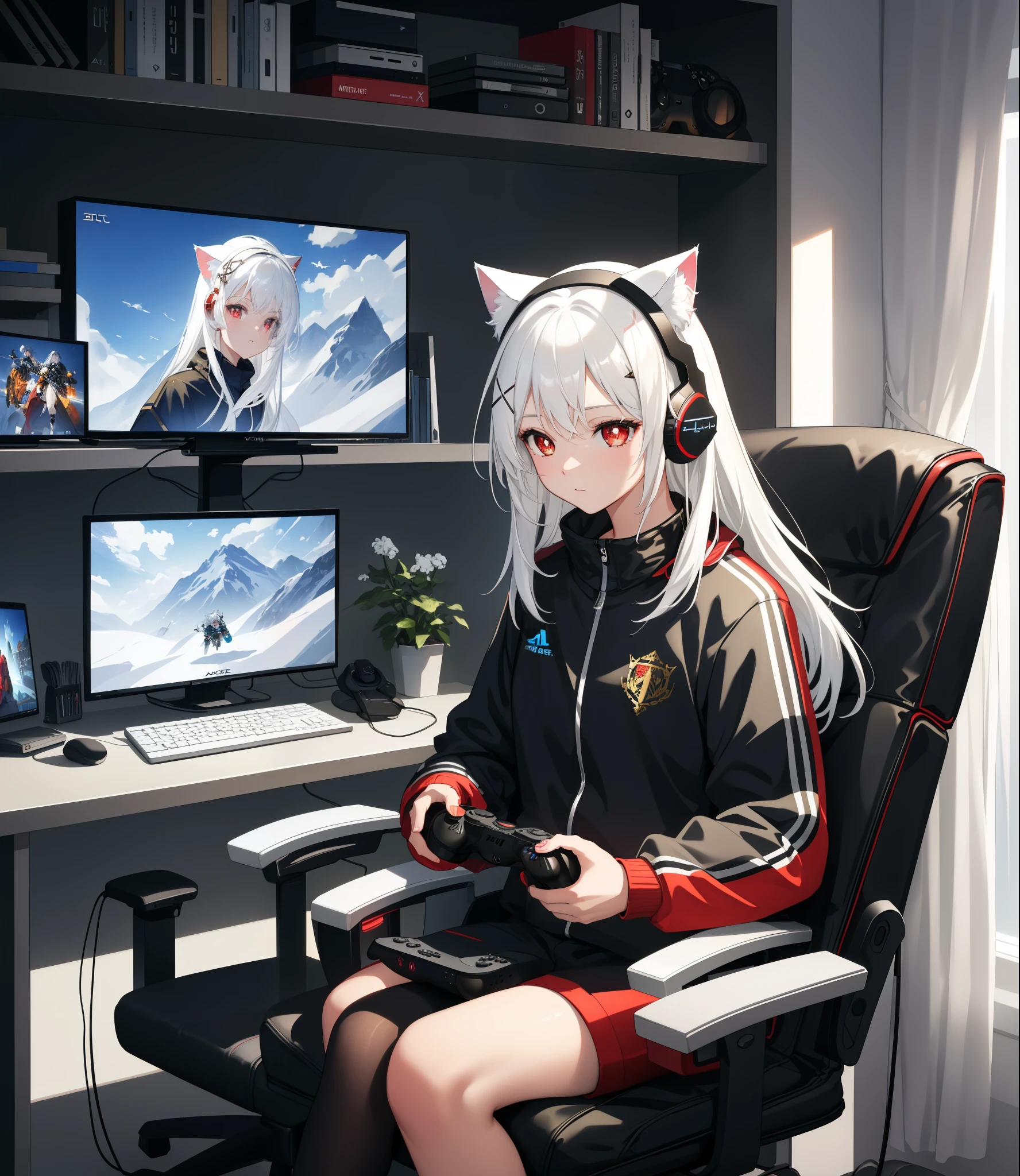 masterpiece, best quality, {{{masterpiece}}}, highres, intricate detail, fine detail, best quality, dynamic light, dynamic shadow, cinematic light, ray tracing, extremely detailed, solo, 1girl, (((white hair))), long hair, ((red pupils)), x hair ornament, ((cat ears)), firts rate breast, first rate female bodies, gaming headset, holding ps4 controller, gaming chair, in front of computer, gaming room,