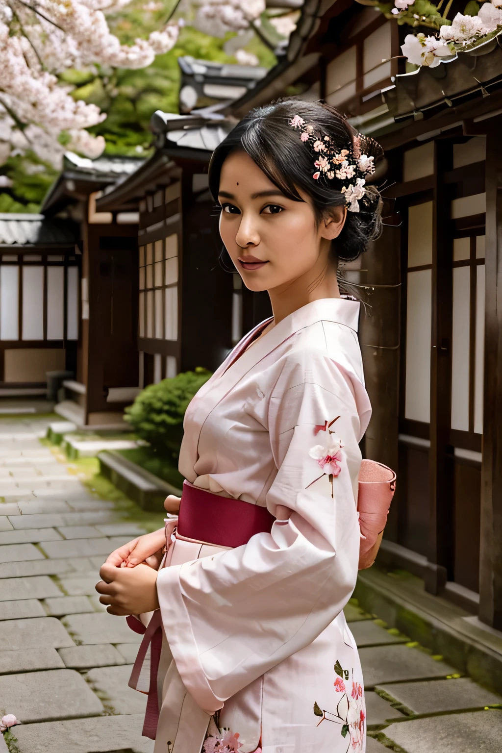 The young Indian woman is wearing a traditional Japanese kimono, elegantly poised under cherry blossom trees in full bloom in Kyoto. Her medium black hair is styled in an updo with delicate flowers. The background is a blur of pink and white cherry blossoms, creating a serene and picturesque setting.